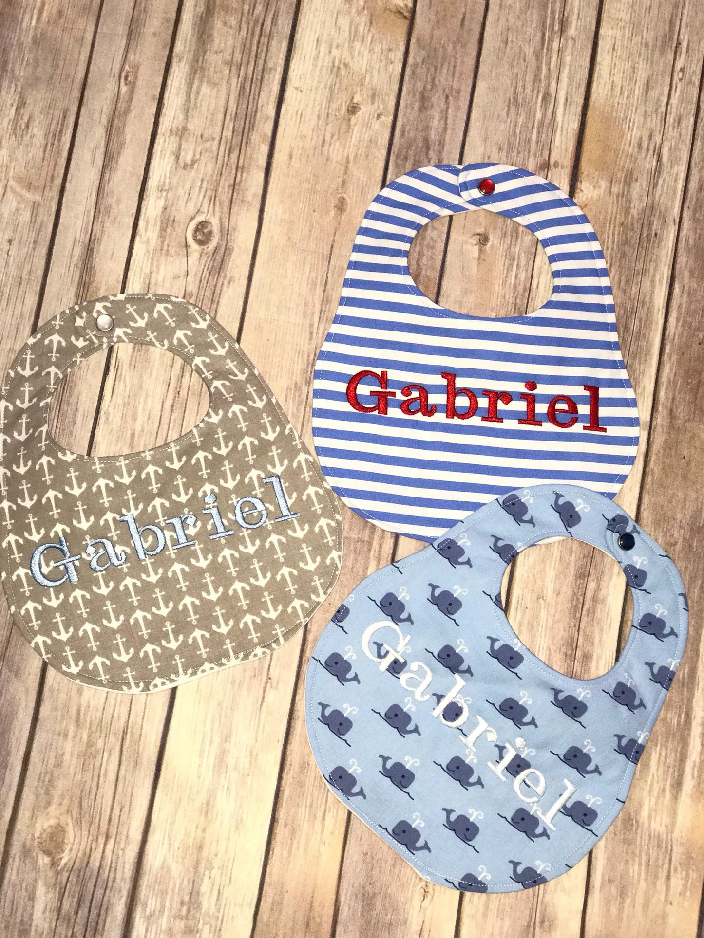 Personalized Bib Set of 3 - Nautical Prints - Stripes, Whales, Anchors