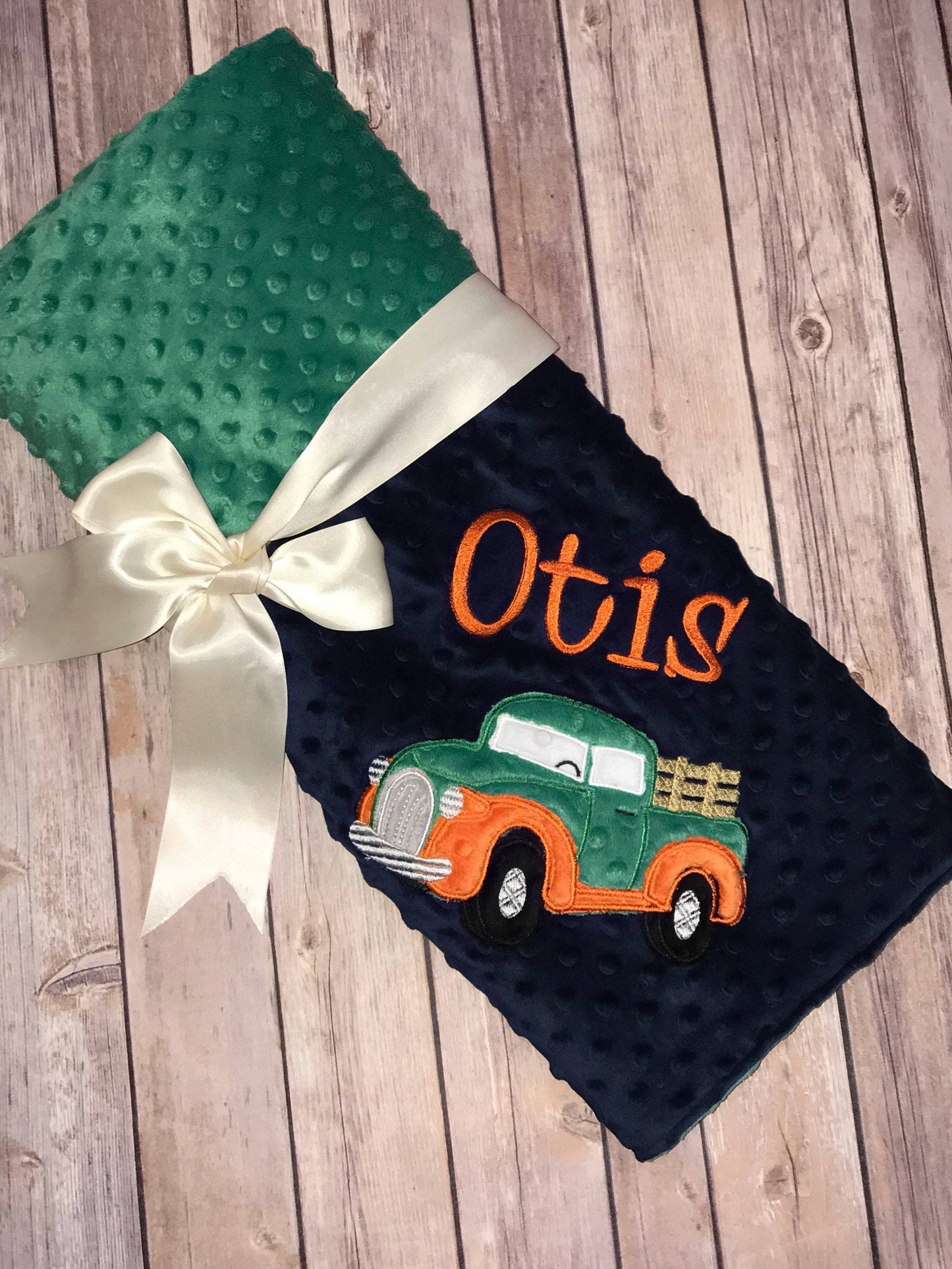 Antique Truck -Personalized Minky Baby Blanket - Green and orange Minky - Embroidered Antique Truck