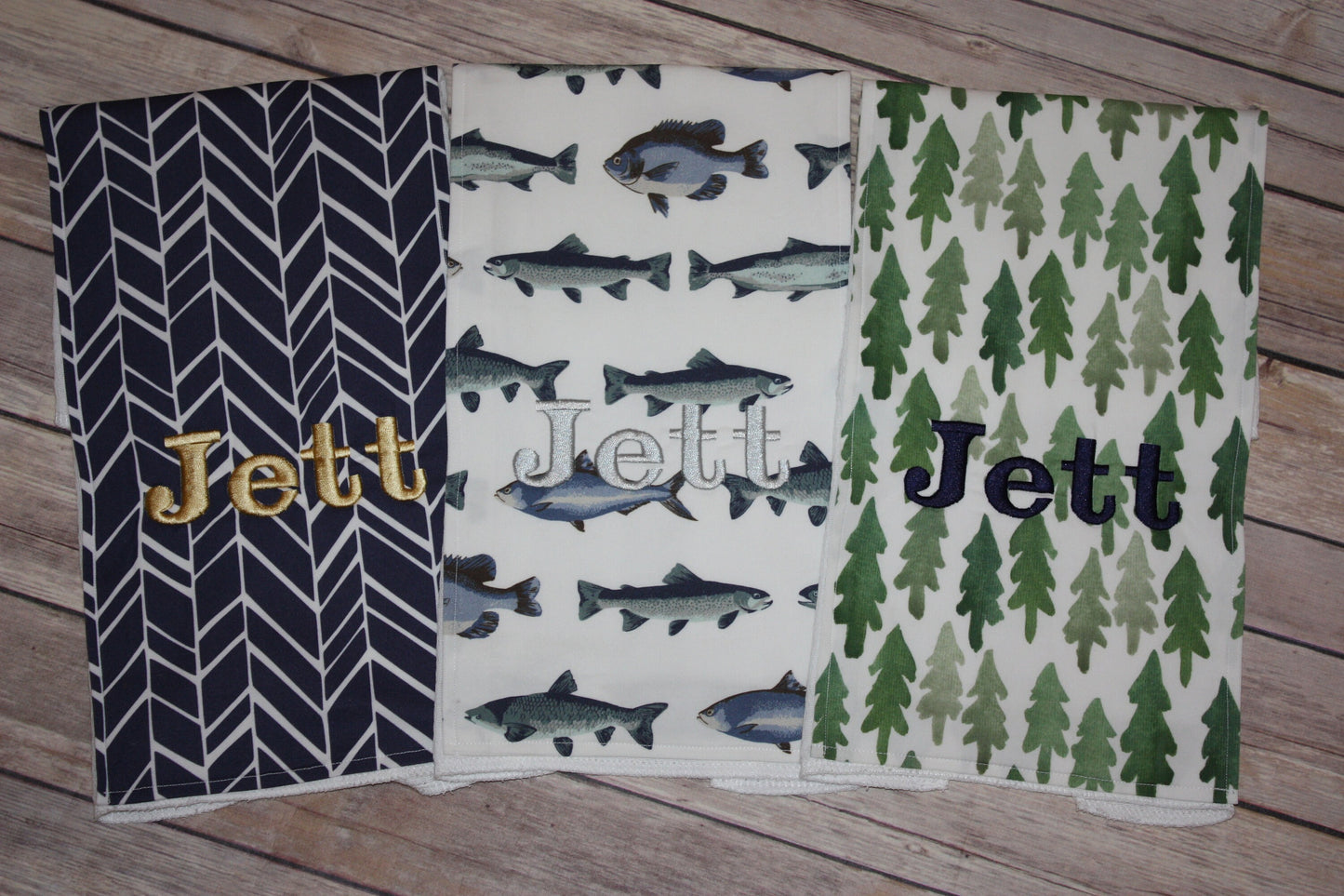 Set of 3 Personalized Burp Cloths - Forest, Fish & Navy Herringbone