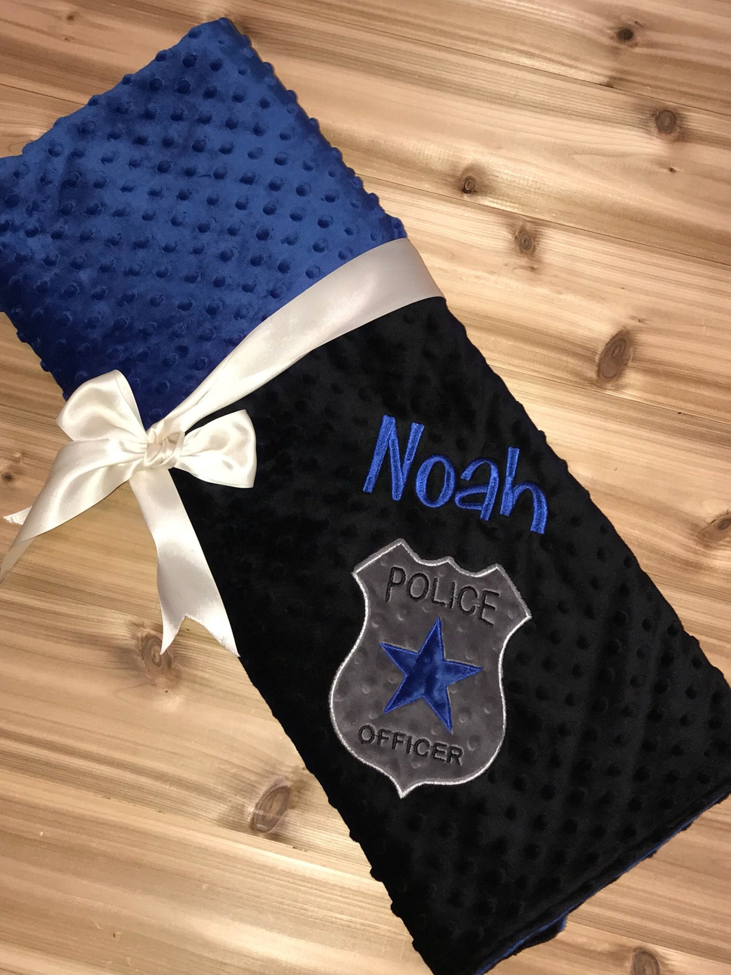 Police Badge - Personalized Minky Baby Blanket - Blue  / Black Minky - Embroidered Police Badge