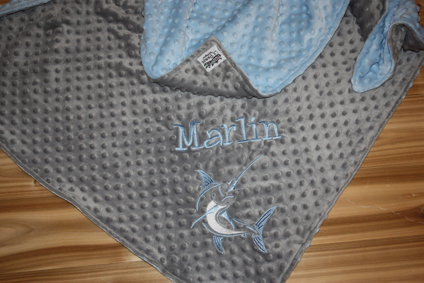 Fishing -Personalized Minky Baby Blanket -Silver Minky/ Baby Blue Minky - Embroidered Marlin Fish