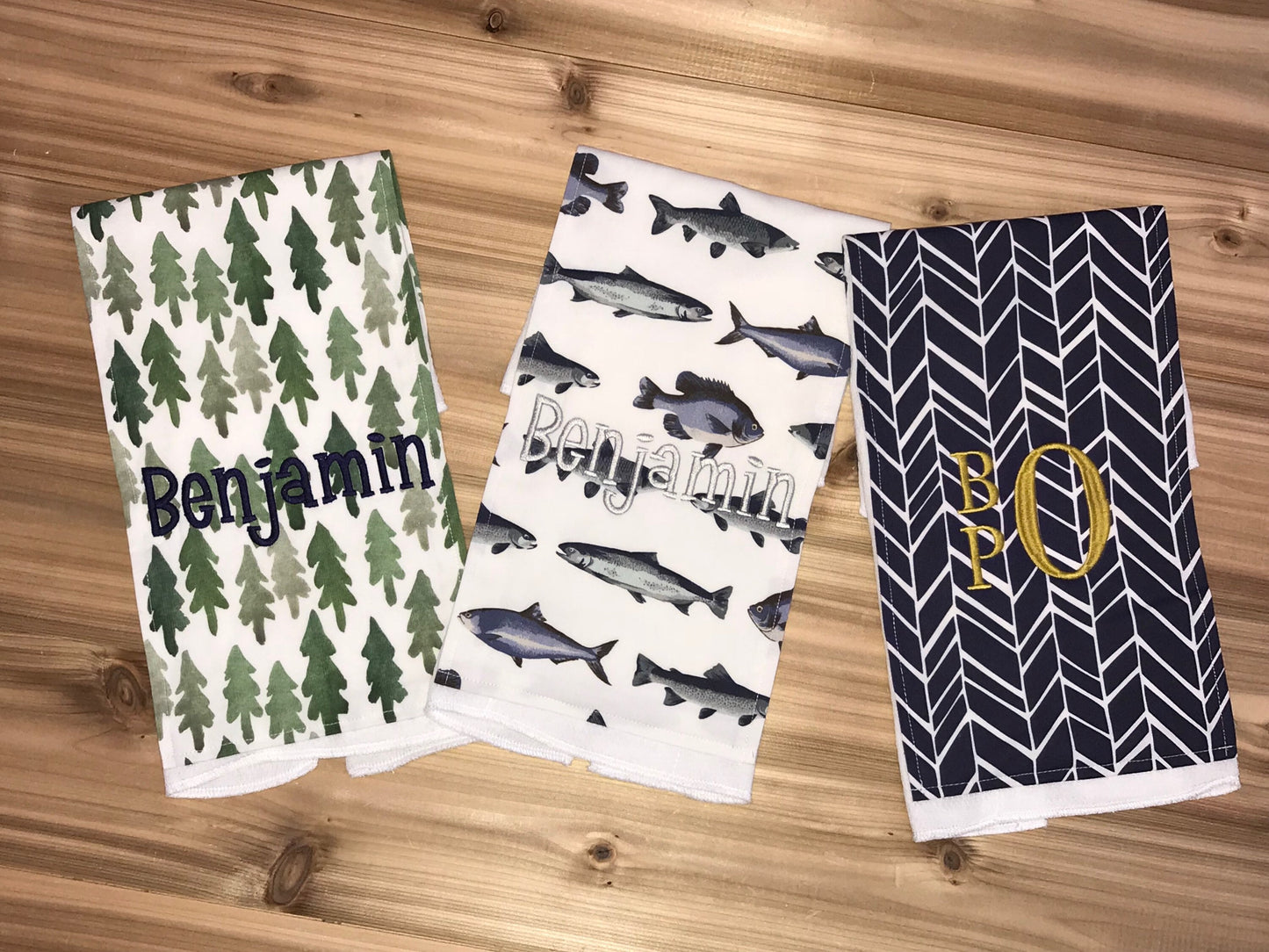 Set of 3 Personalized Burp Cloths - Forest, Fish & Navy Herringbone