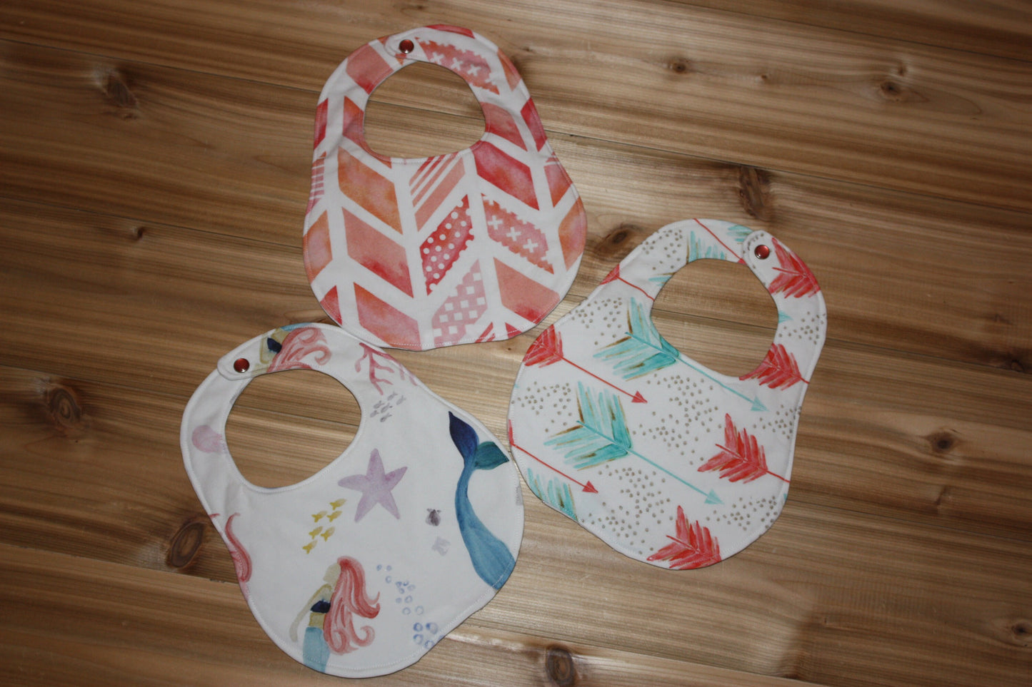 Set of 3 bibs -Coral Set - Coral Herringbone, Mermaids, Arrows