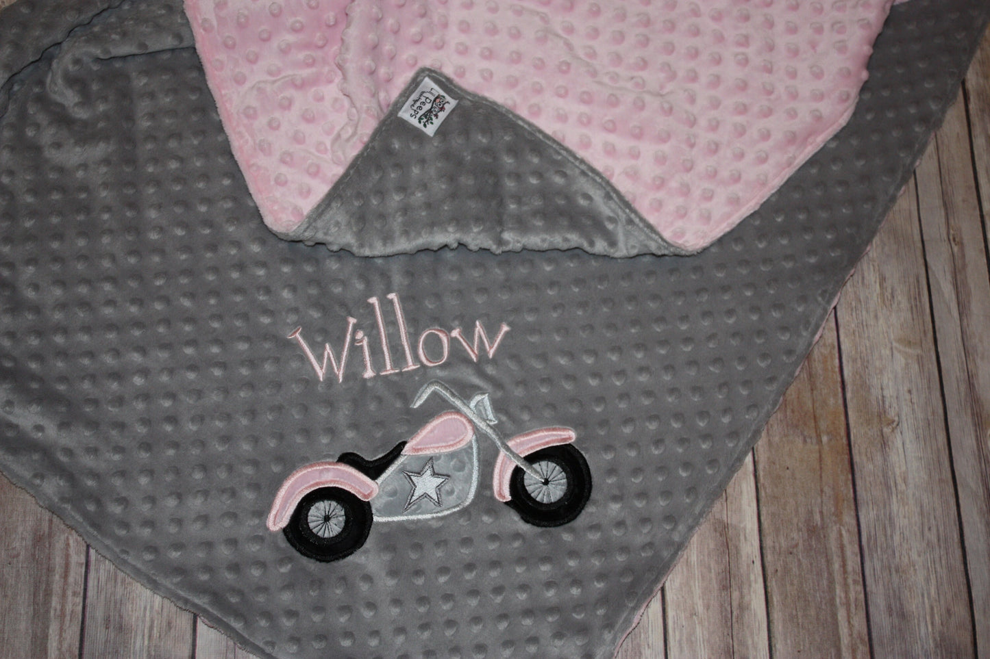 Motorcycle- Personalized Minky Baby Blanket - Gray / pink Minky - Embroidered Motorcycle