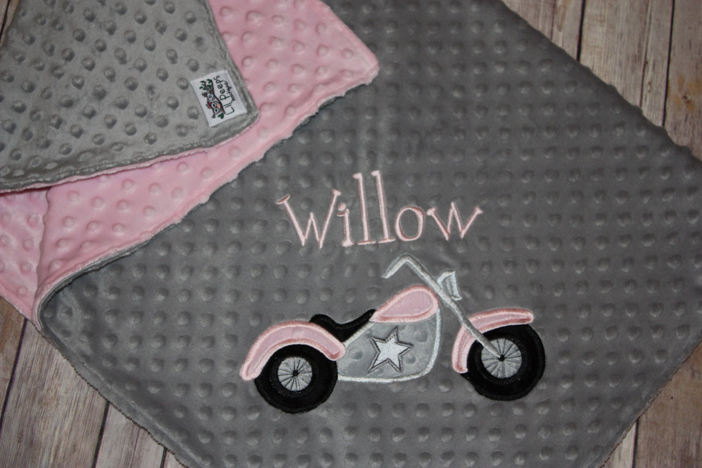 Motorcycle- Personalized Minky Baby Blanket - Gray / pink Minky - Embroidered Motorcycle