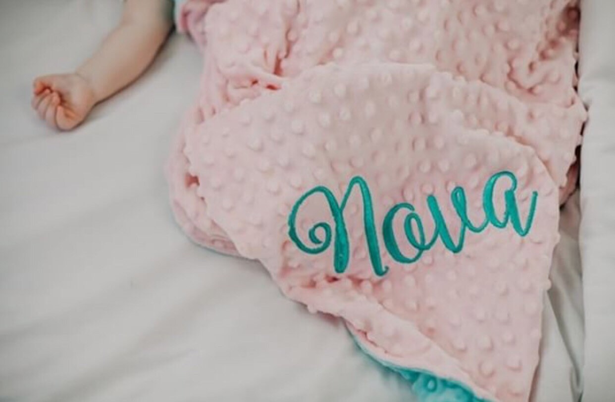 Personalized Blanket - Blush & Aqua Minky Baby Blanket