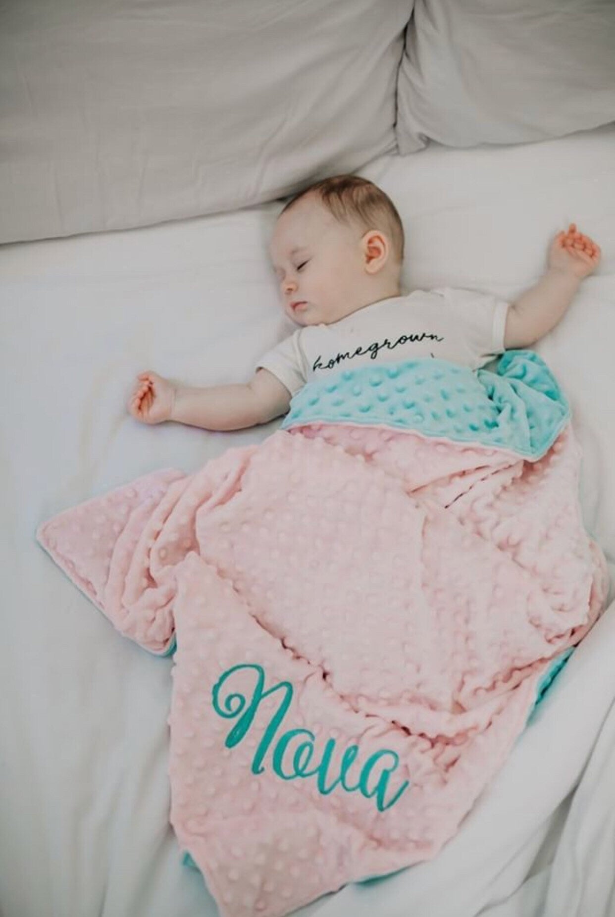 Personalized Blanket - Blush & Aqua Minky Baby Blanket