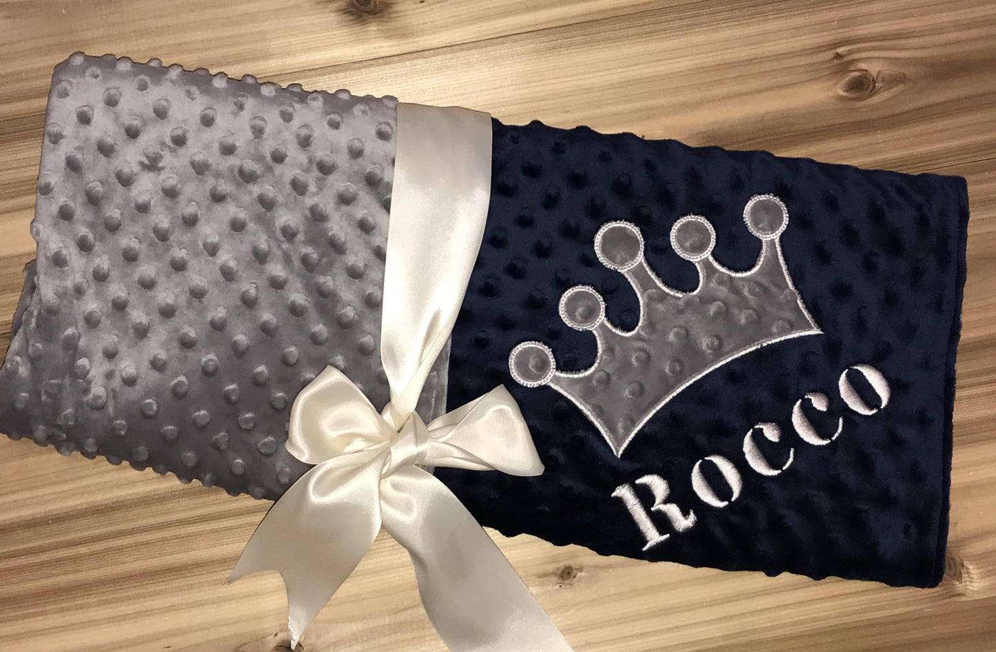 Personalized Crown Minky Baby Blanket - Navy and Gray Minky - Custom Monogram