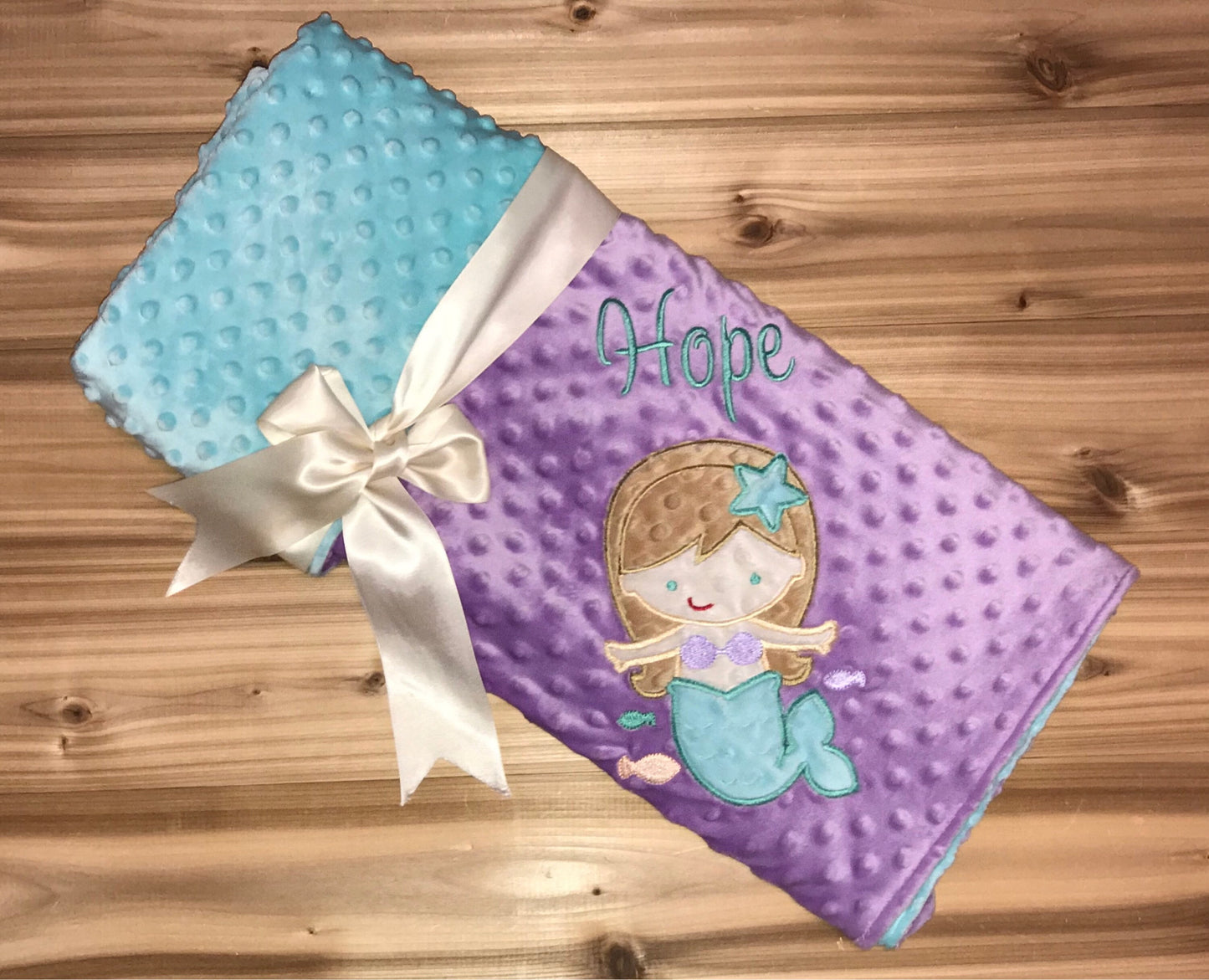 Mermaid- Personalized Minky Baby Blanket - Purple / Aqua  Minky - Embroidered Mermaid