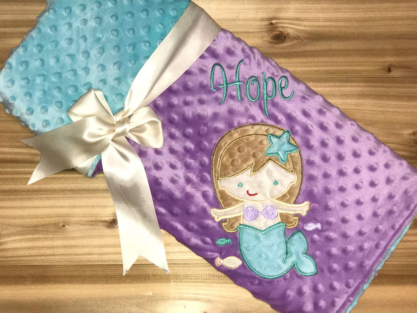 Mermaid- Personalized Minky Baby Blanket - Purple / Aqua  Minky - Embroidered Mermaid