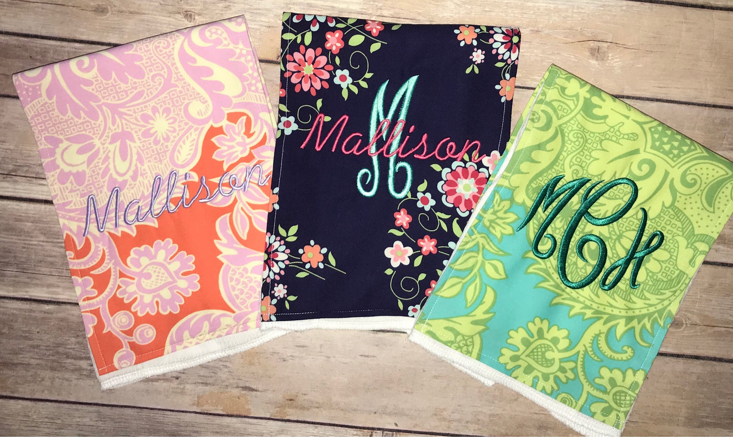 Set of 3 Personalized Burp Cloth - Amy Butler Prints - Turquoise and Tangerine Sandlewood, Midnight Love Momento