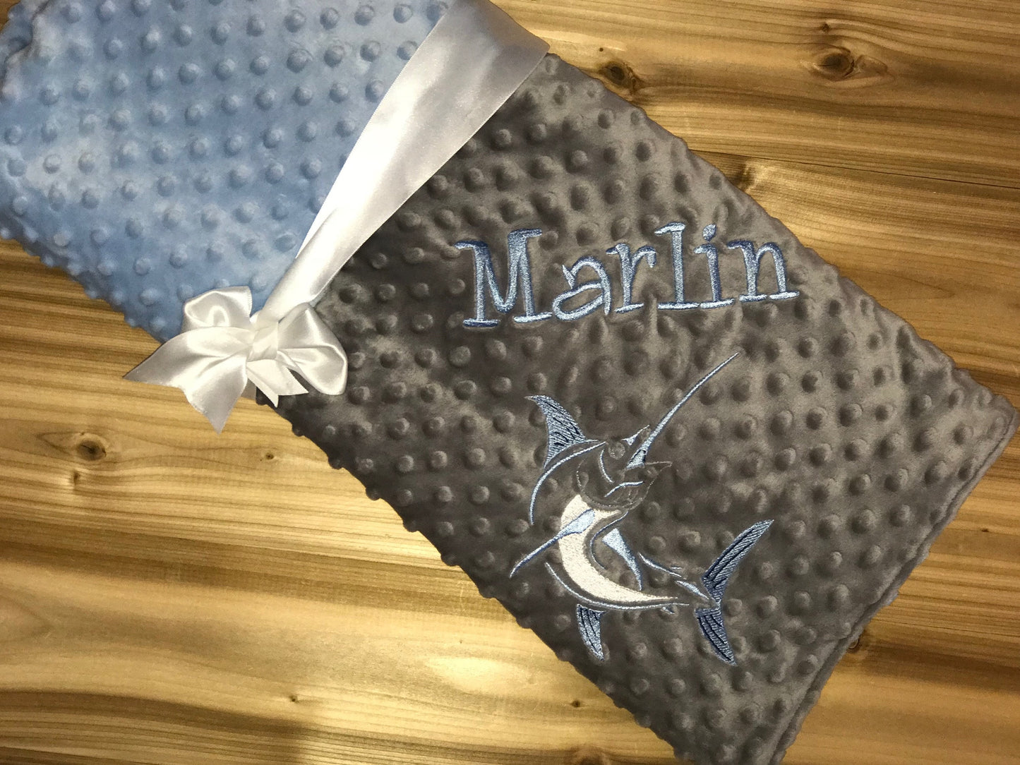 Fishing -Personalized Minky Baby Blanket -Silver Minky/ Baby Blue Minky - Embroidered Marlin Fish