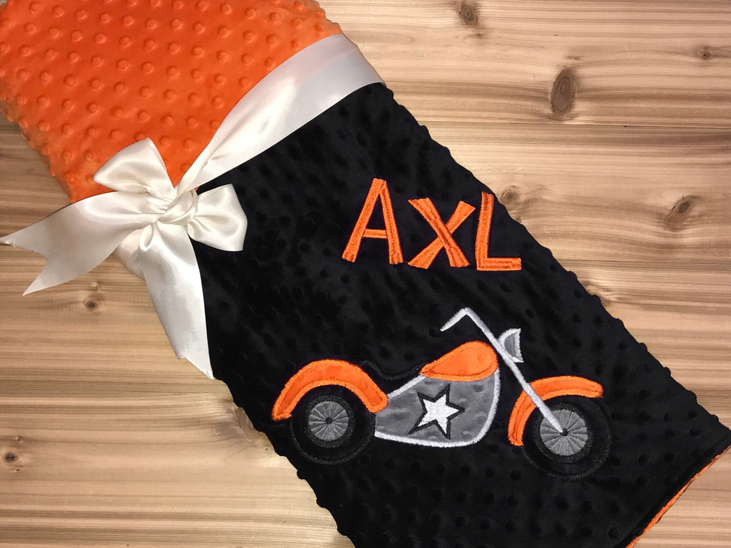 Motorcycle- Personalized Minky Baby Blanket - Black / Orange Minky - Embroidered Motorcycle