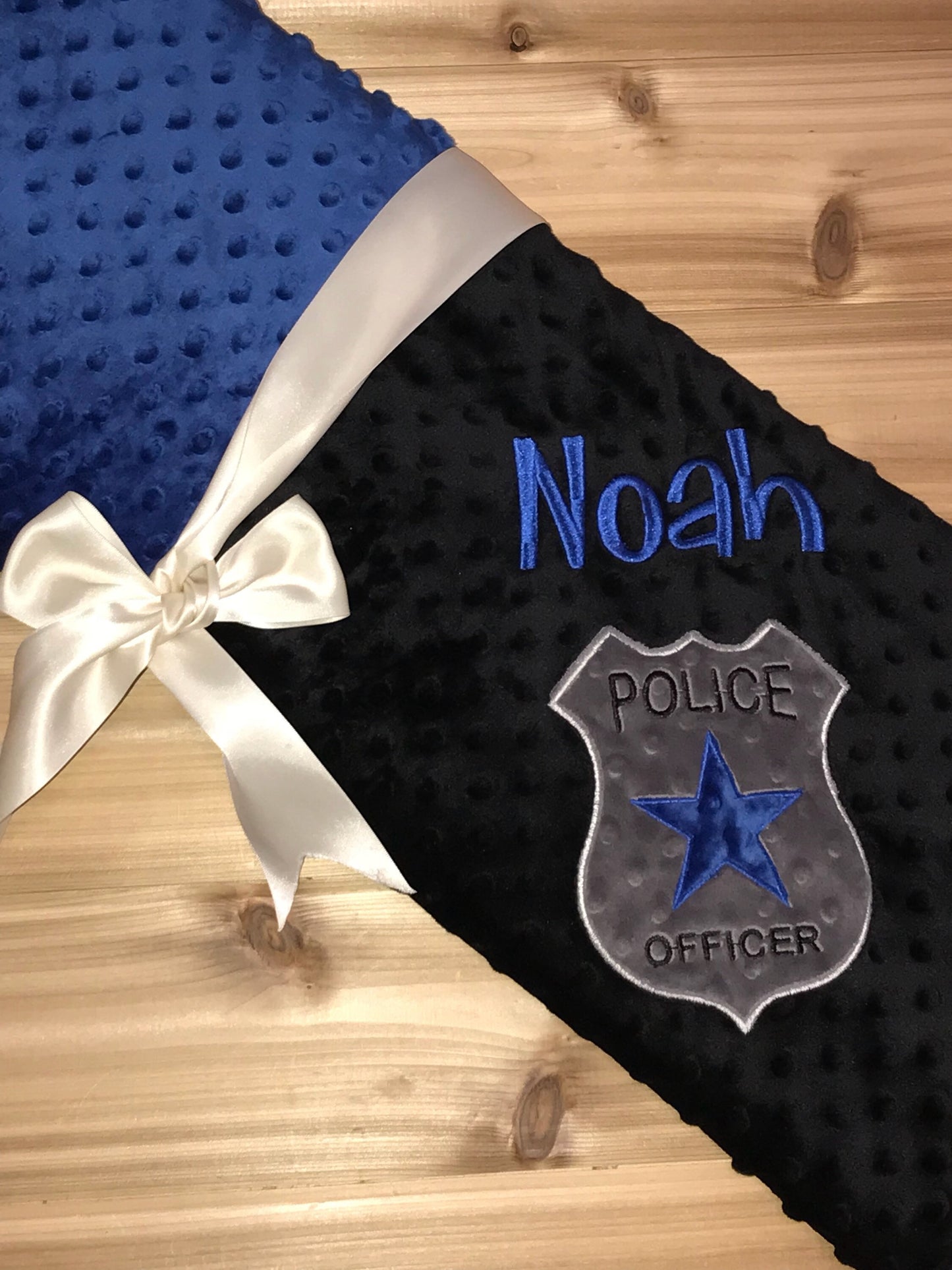 Police Badge - Personalized Minky Baby Blanket - Blue  / Black Minky - Embroidered Police Badge