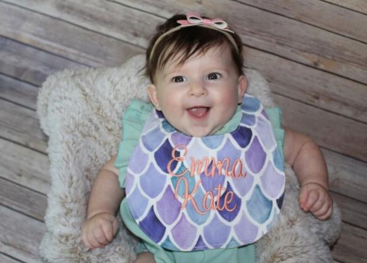 Mermaid Scales in Purple Boutique Bib and Burp Cloth set - Personalized Bib & Burp