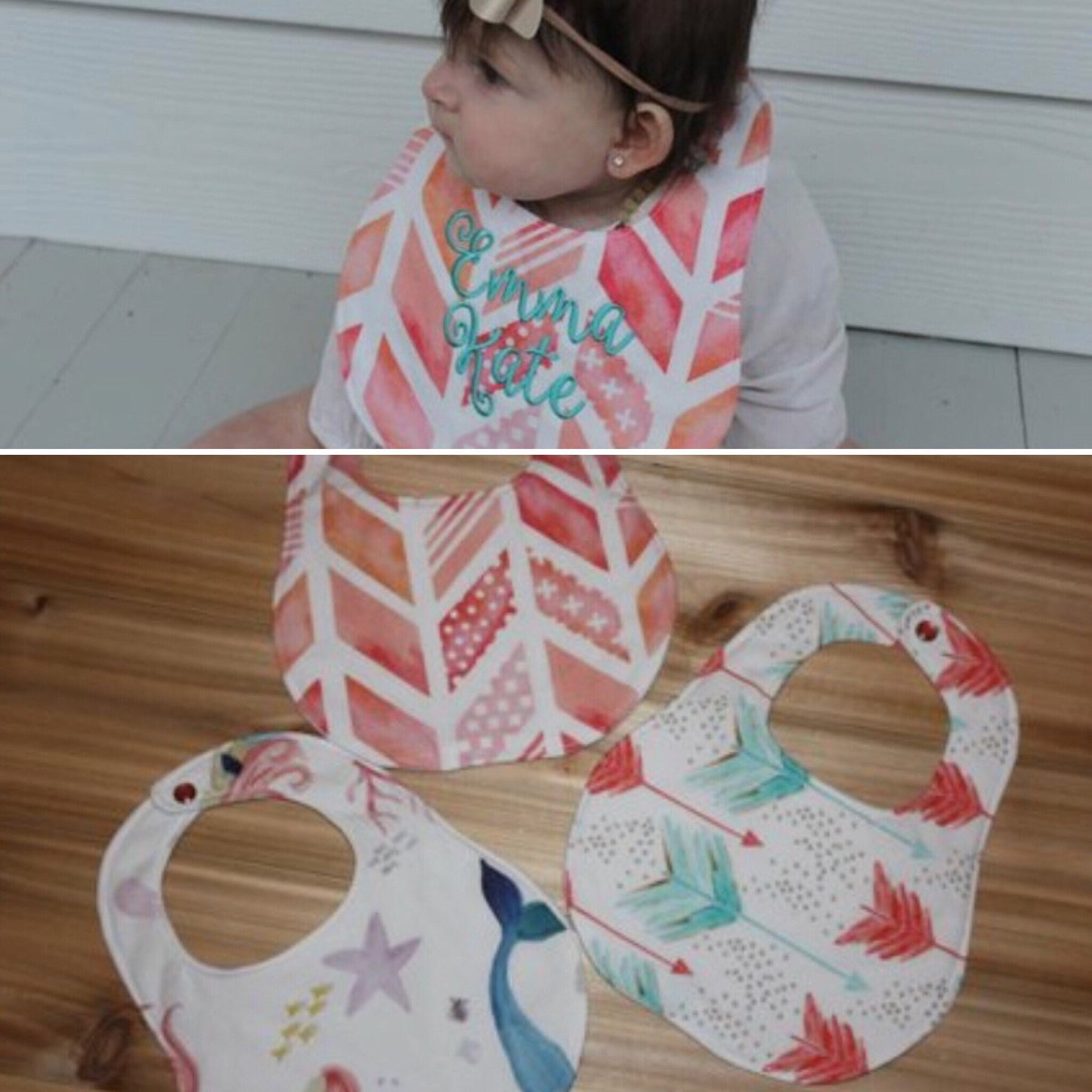 Set of 3 bibs -Coral Set - Coral Herringbone, Mermaids, Arrows