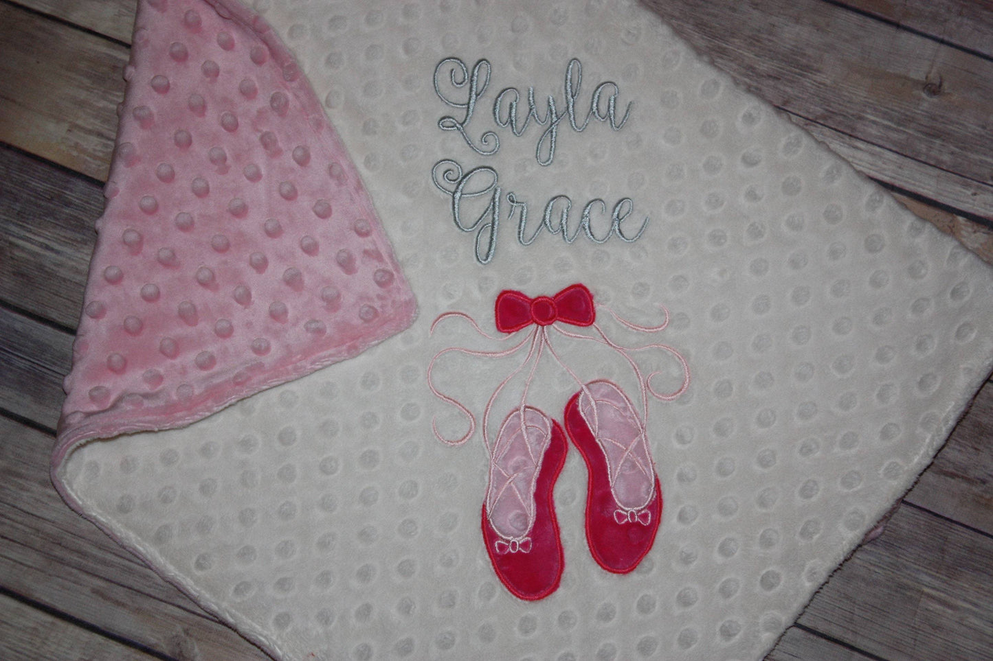 Personalized Ballet Minky Baby Blanket - Ivory and Pink Minky - Embroidered Ballet Slippers