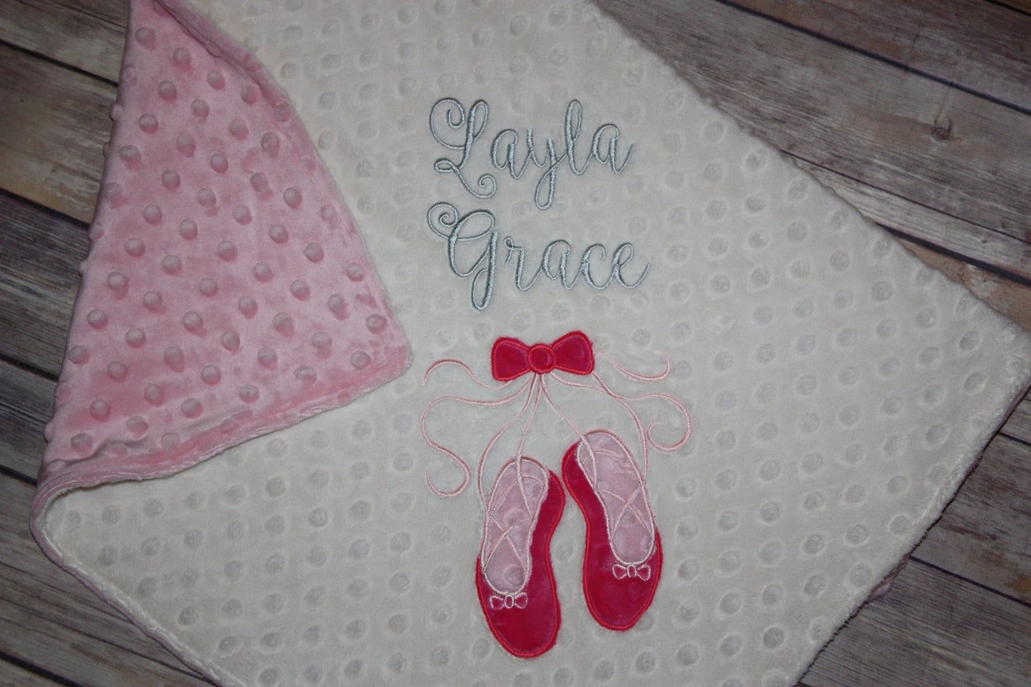 Personalized Ballet Minky Baby Blanket - Ivory and Pink Minky - Embroidered Ballet Slippers