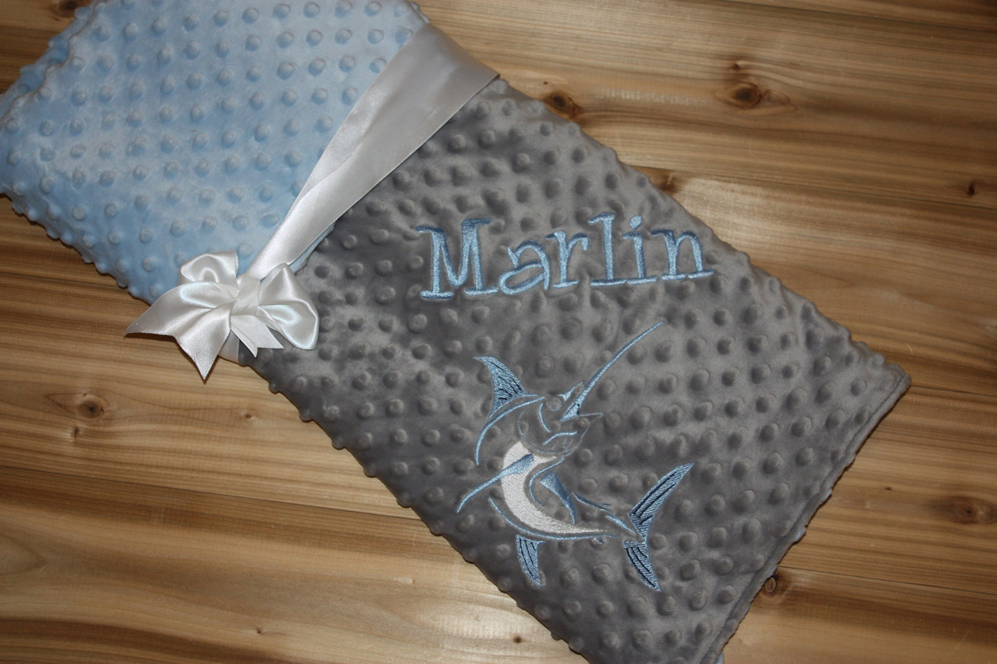 Fishing -Personalized Minky Baby Blanket -Silver Minky/ Baby Blue Minky - Embroidered Marlin Fish