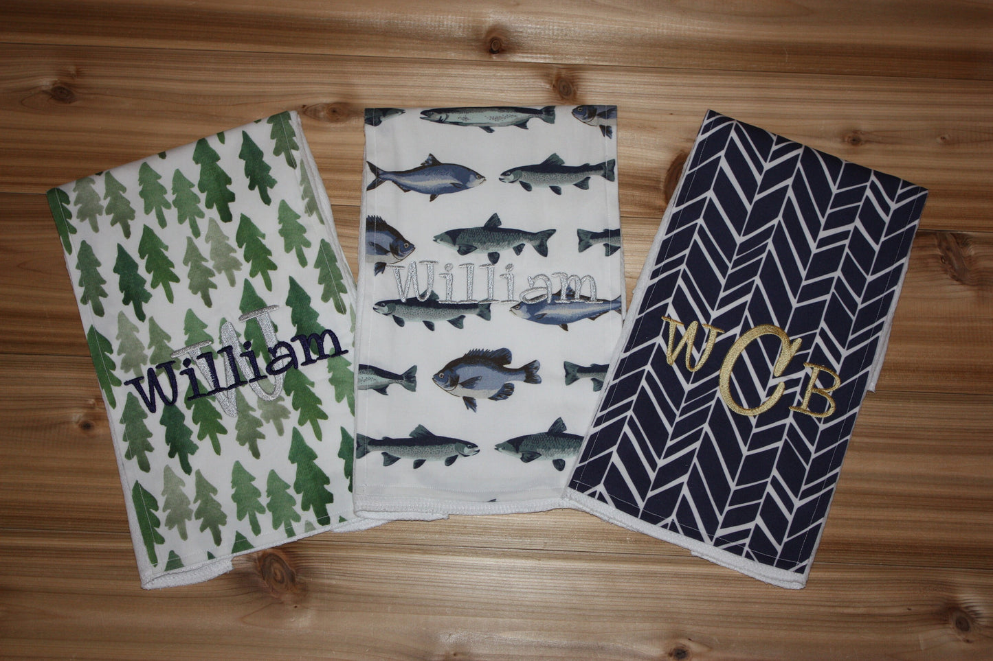 Set of 3 Personalized Burp Cloths - Forest, Fish & Navy Herringbone