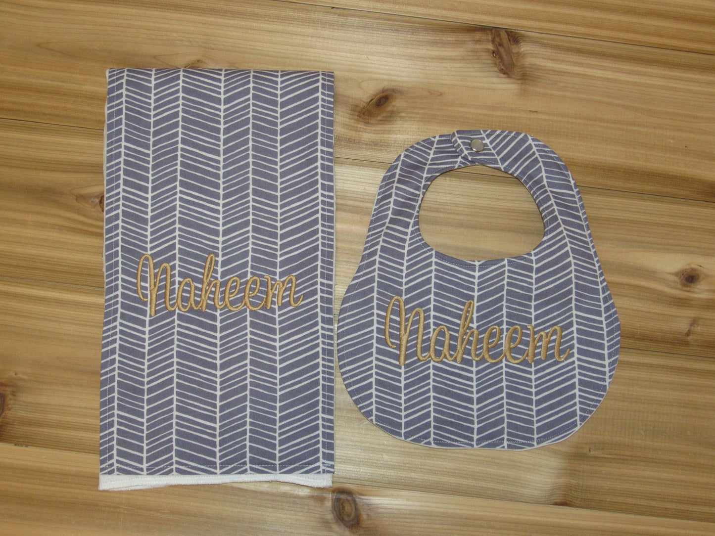 Personalized Boutique Bib and Burp Cloth - Gray Herringbone