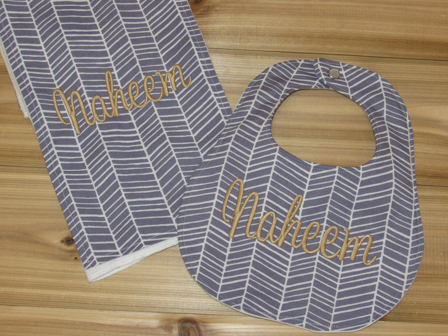 Personalized Boutique Bib and Burp Cloth - Gray Herringbone