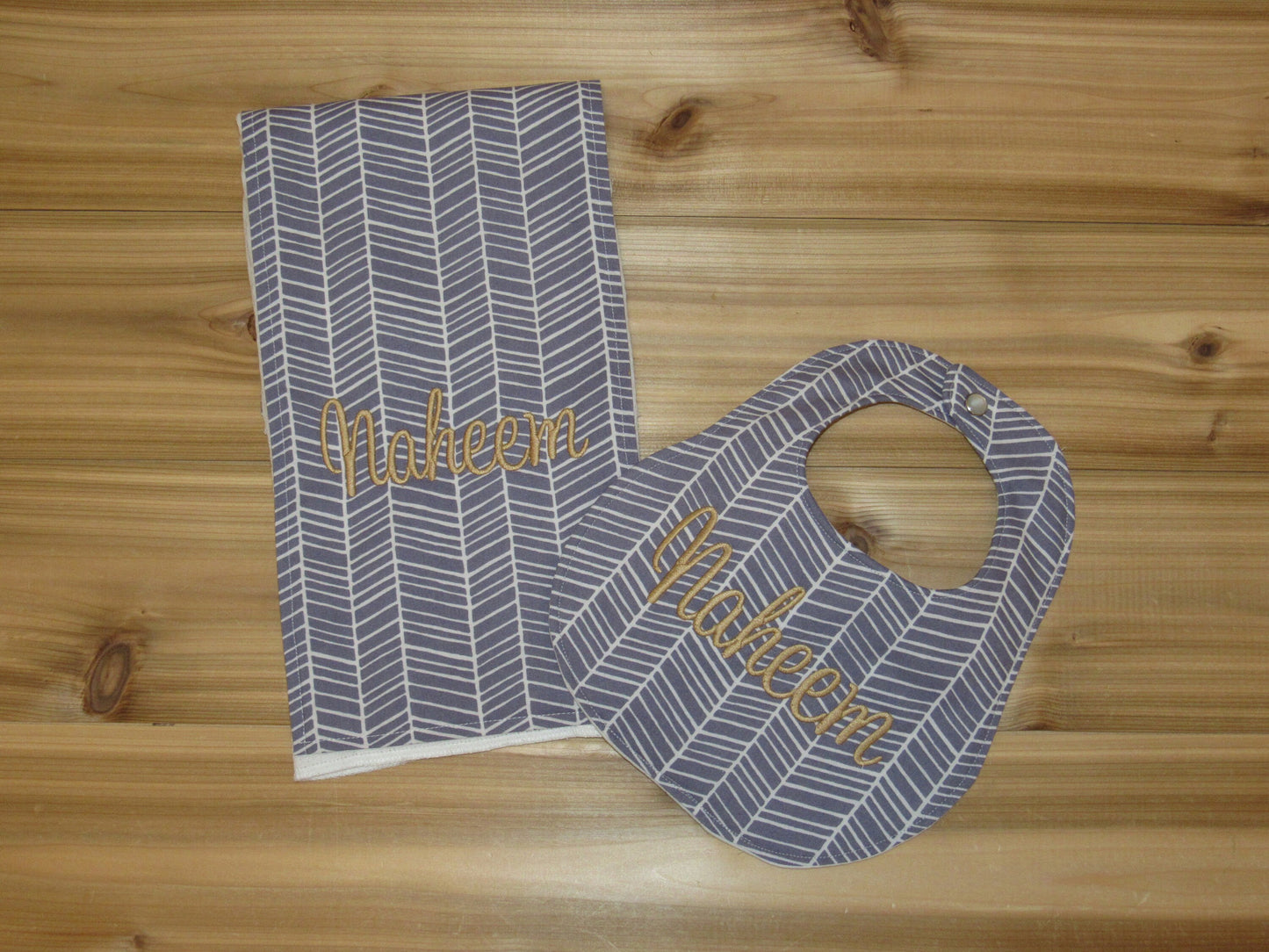 Personalized Boutique Bib and Burp Cloth - Gray Herringbone