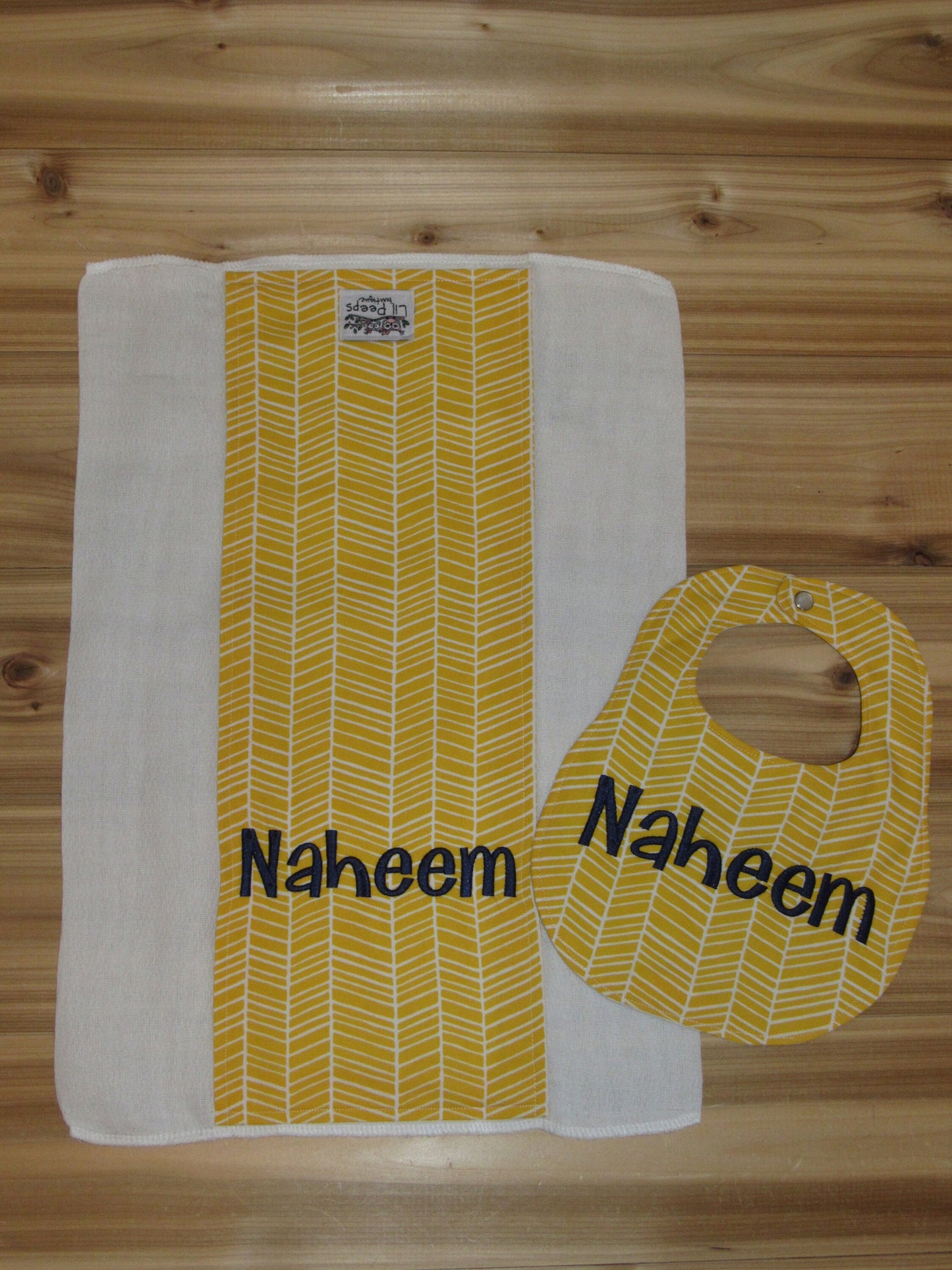 Personalized Boutique Bib and Burp Cloth - Yellow Herringbone