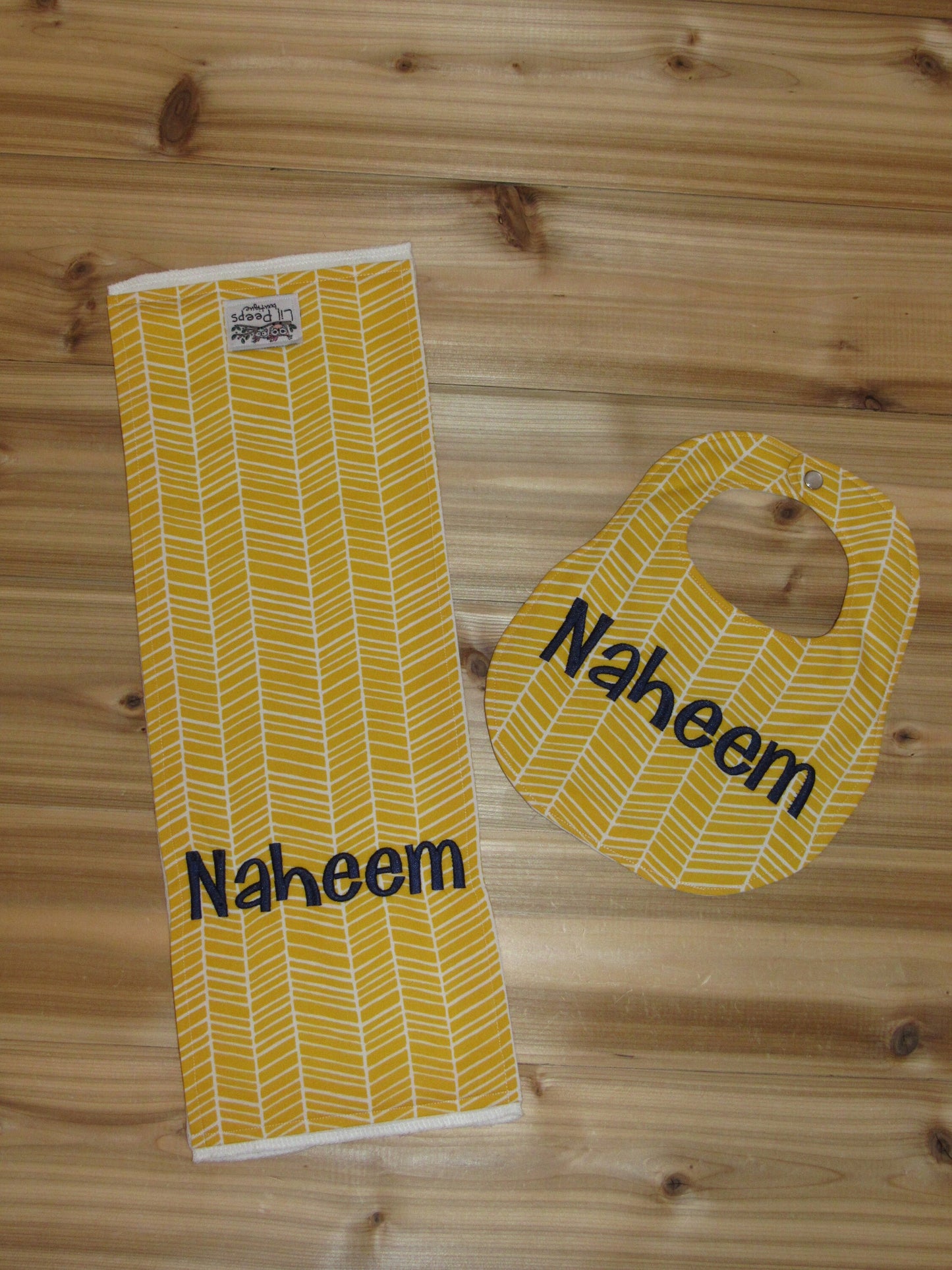 Personalized Boutique Bib and Burp Cloth - Yellow Herringbone