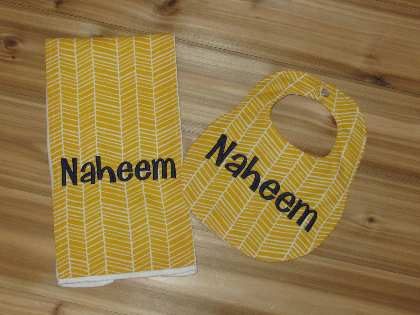 Personalized Boutique Bib and Burp Cloth - Yellow Herringbone