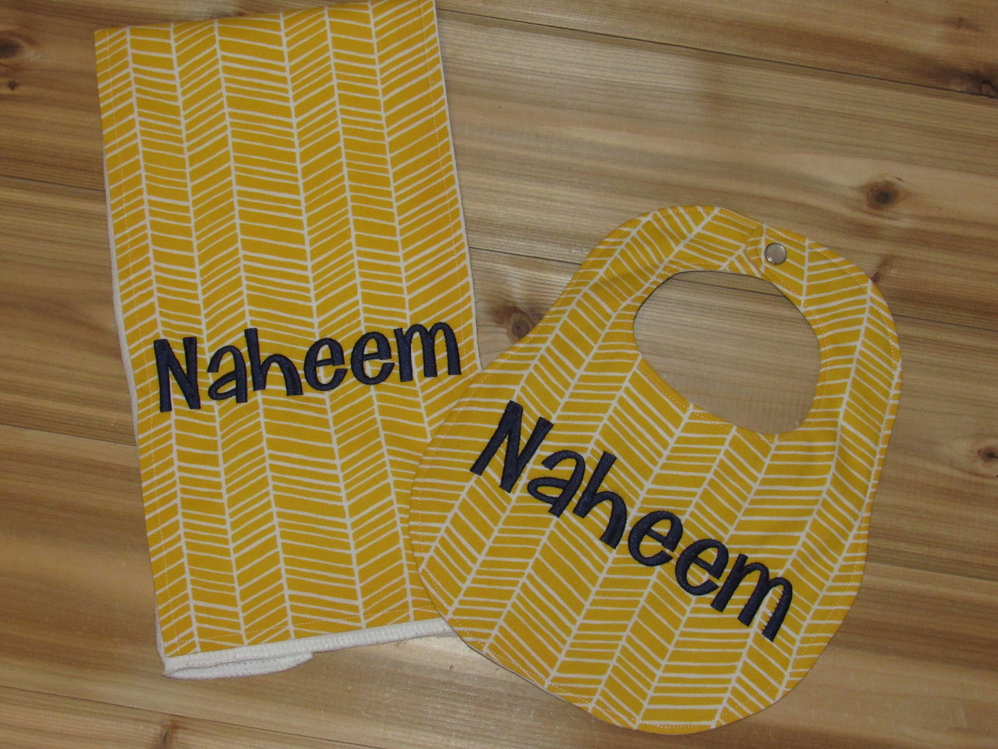 Personalized Boutique Bib and Burp Cloth - Yellow Herringbone