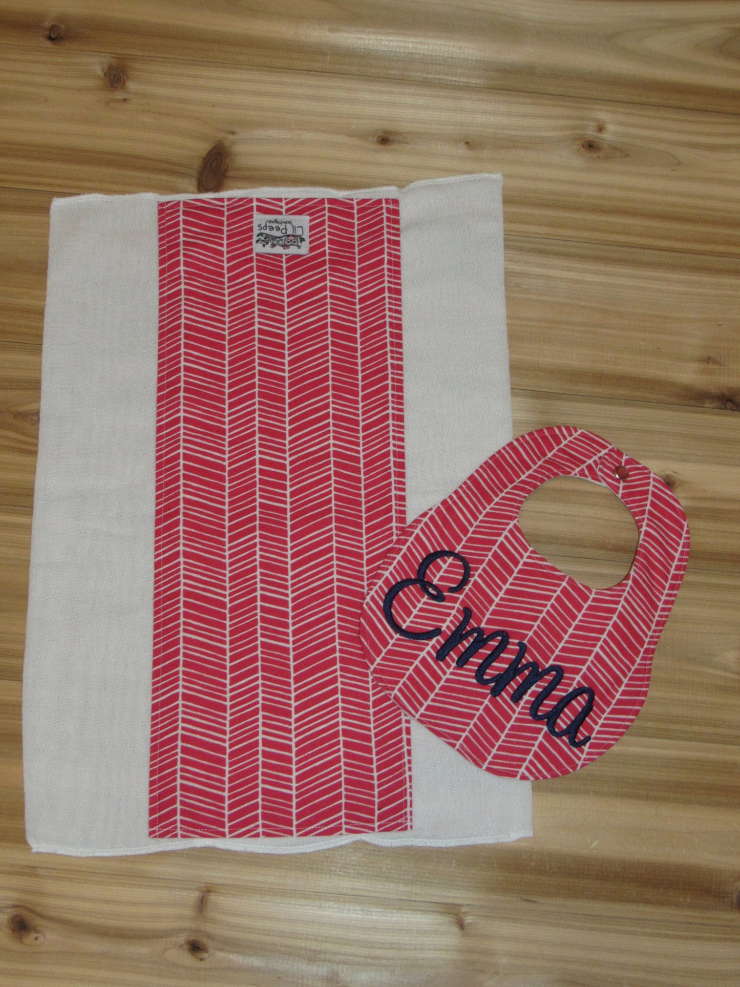 Personalized Boutique Bib and Burp Cloth - Pink Herringbone