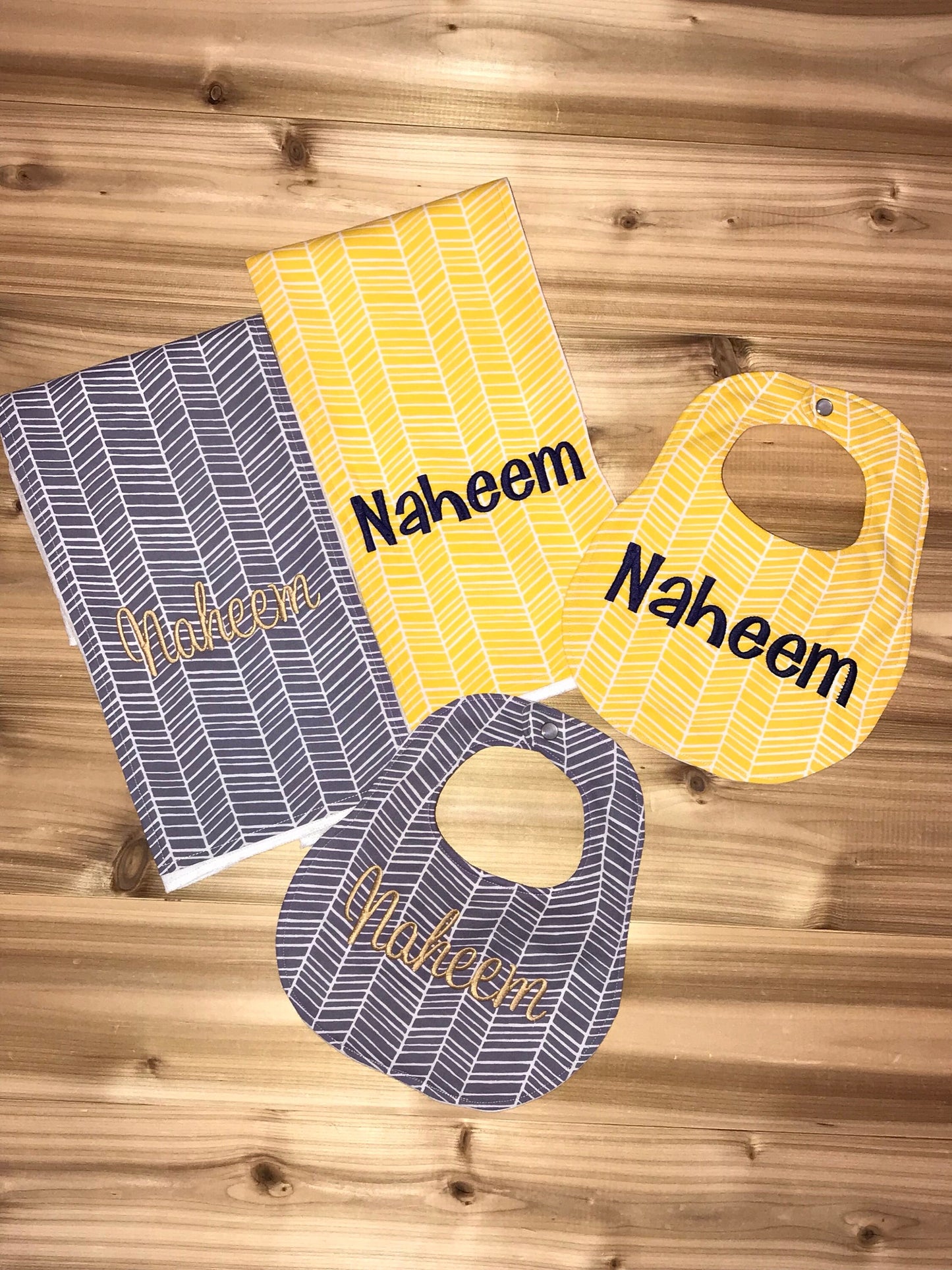 Personalized Boutique Bib and Burp Cloth - Yellow Herringbone