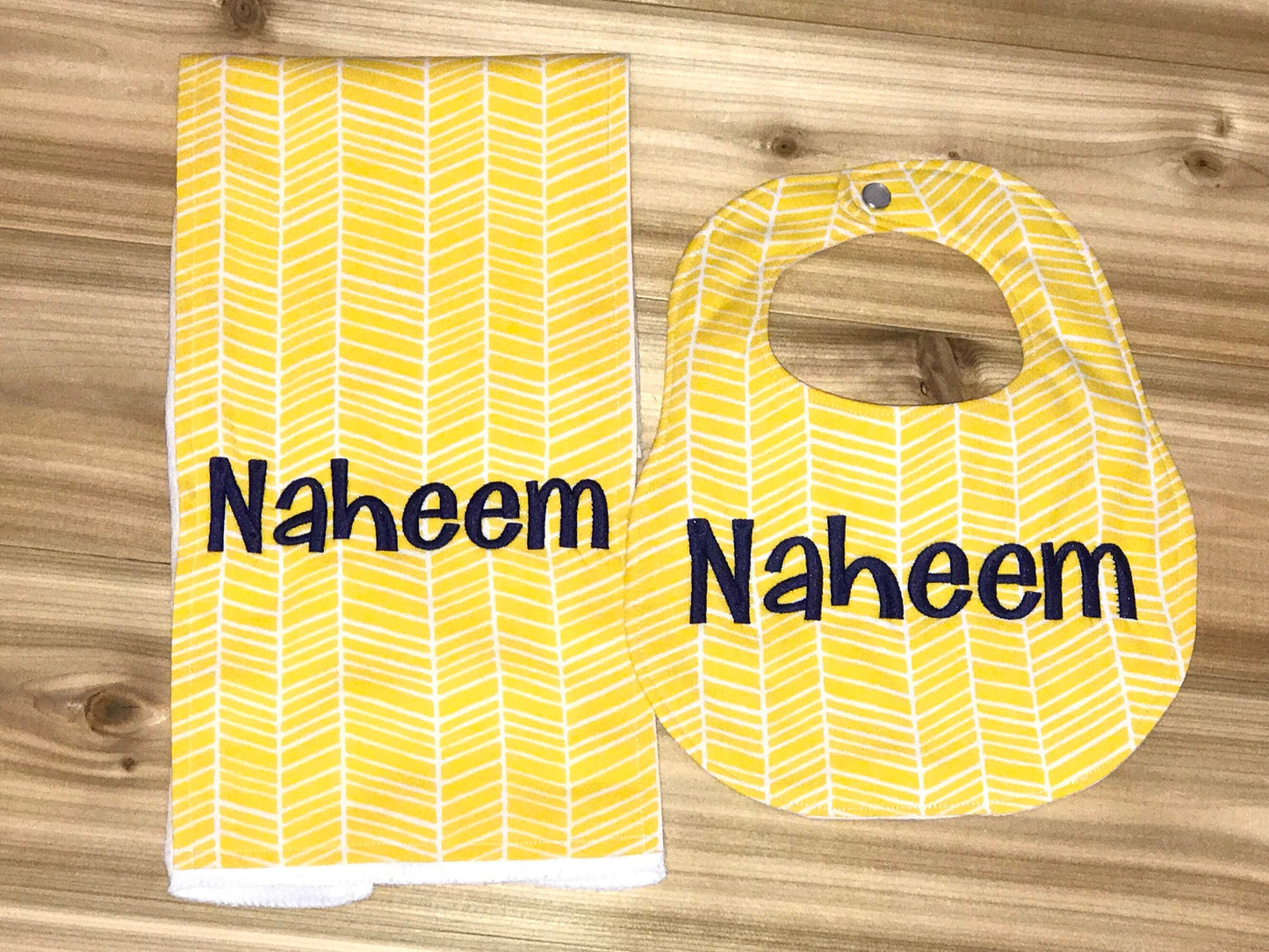 Personalized Boutique Bib and Burp Cloth - Yellow Herringbone