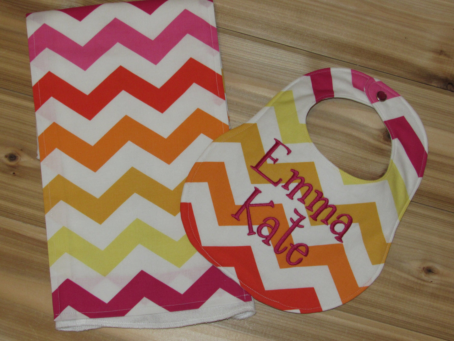 Personalized Rainbow Girl Chevron Boutique Bib and Burp Cloth set