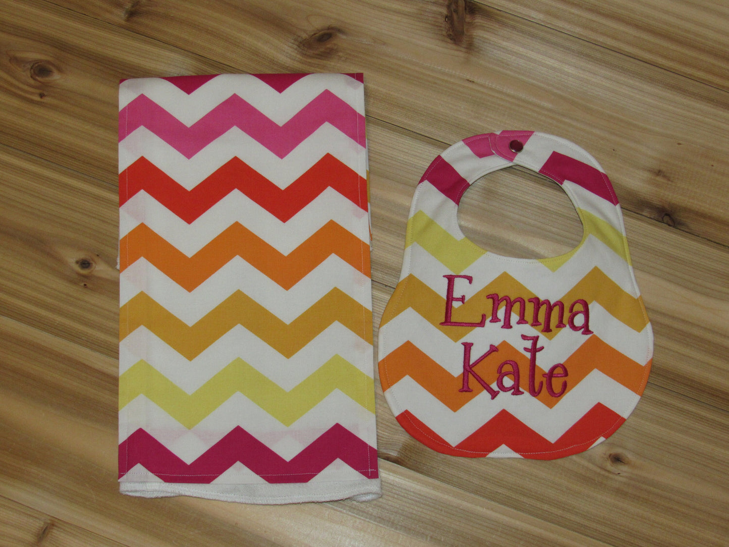 Personalized Rainbow Girl Chevron Boutique Bib and Burp Cloth set