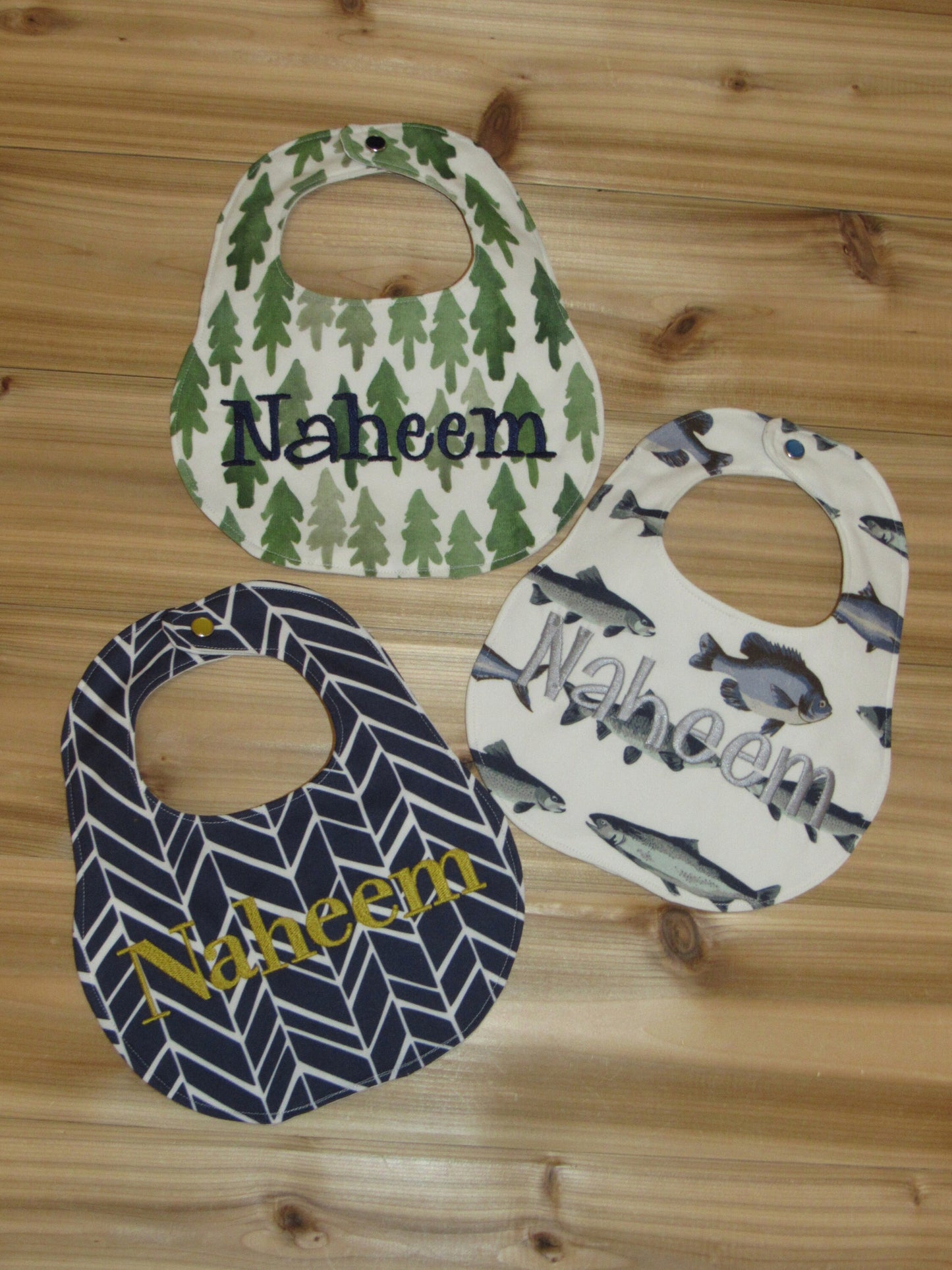 Set of 3 -Personalized Bib Set - Perfect Boy Collection - Fish, Trees, Herringbone