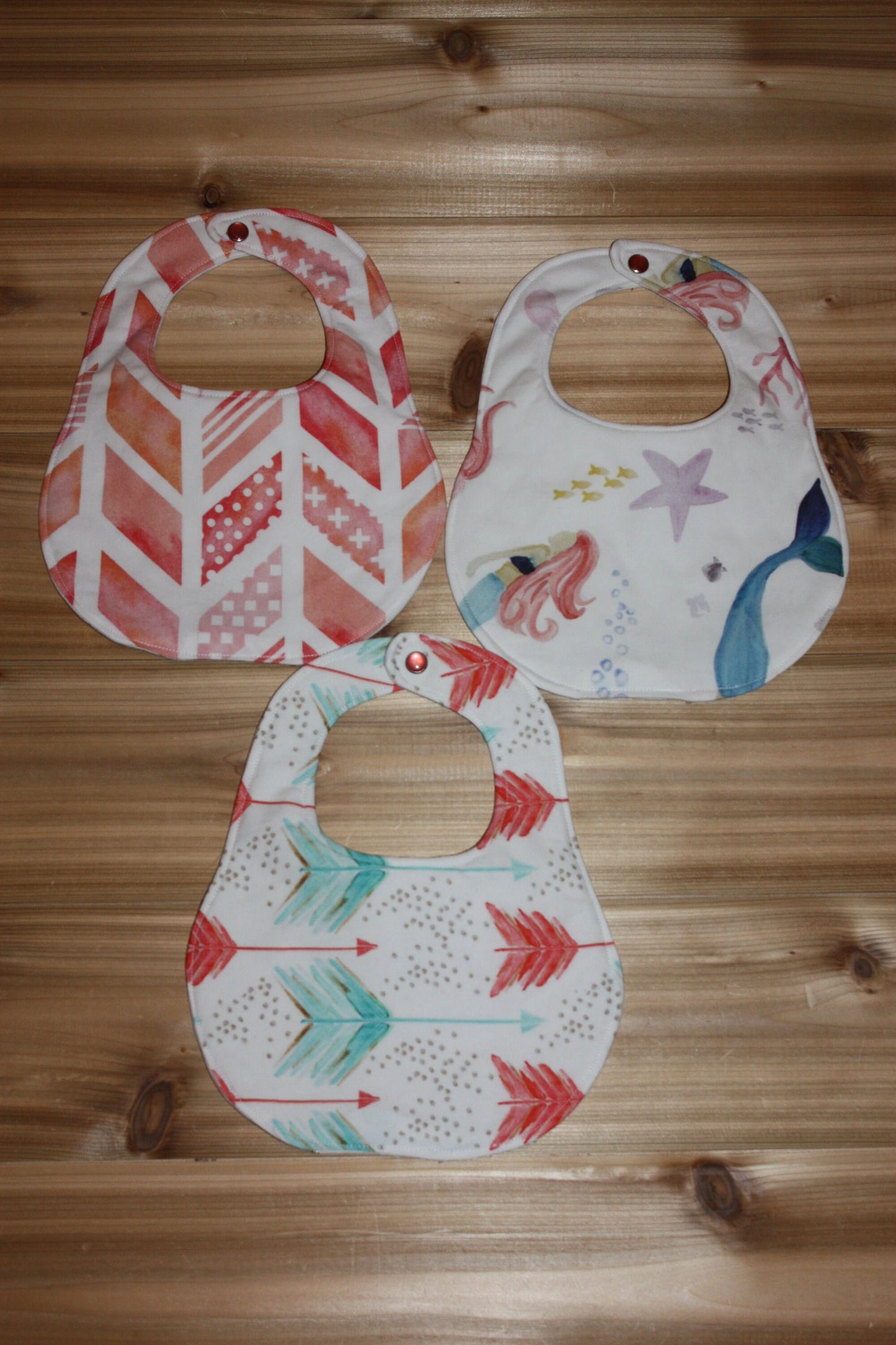 Set of 3 bibs -Coral Set - Coral Herringbone, Mermaids, Arrows