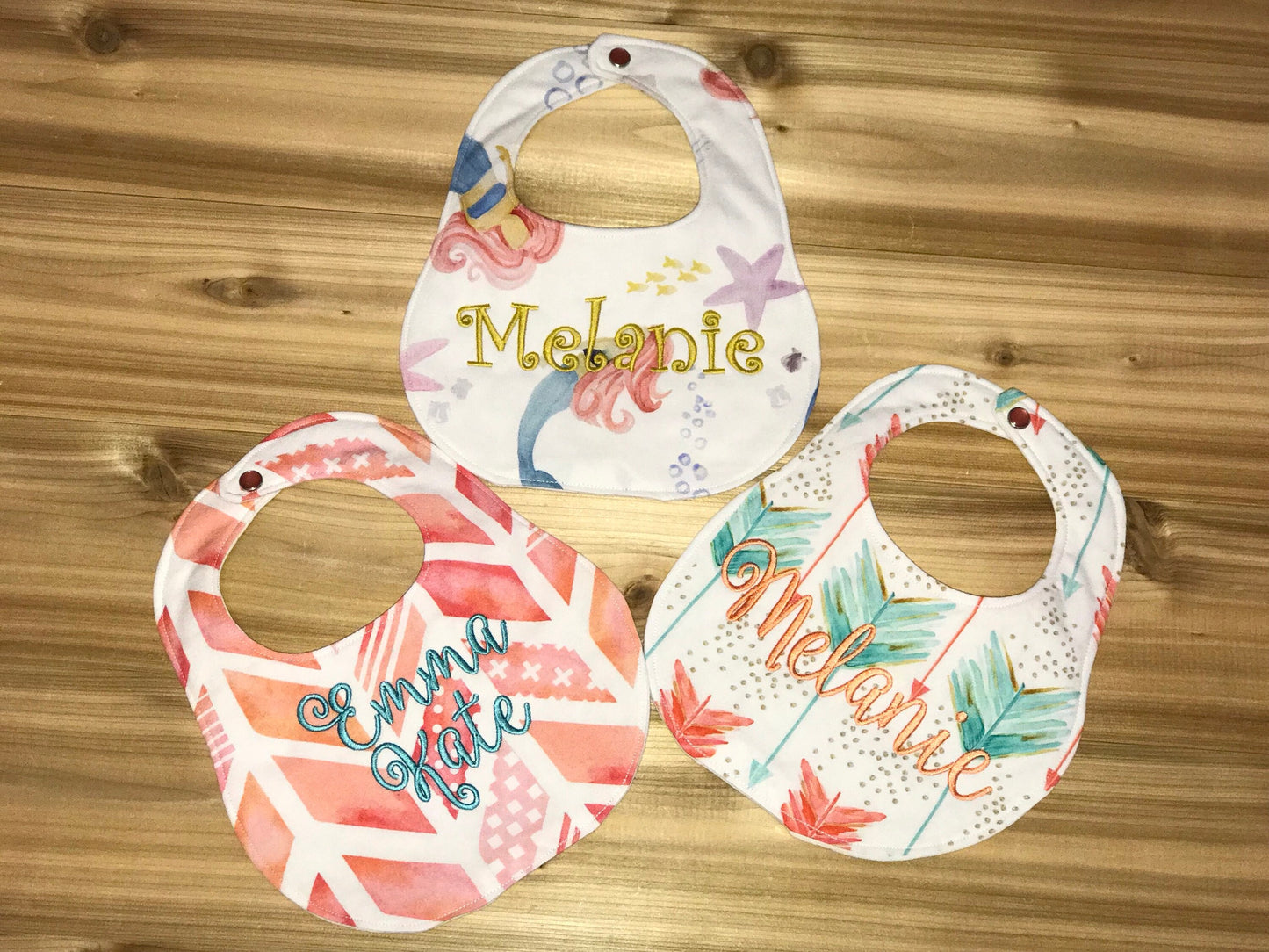 Set of 3 bibs -Coral Set - Coral Herringbone, Mermaids, Arrows