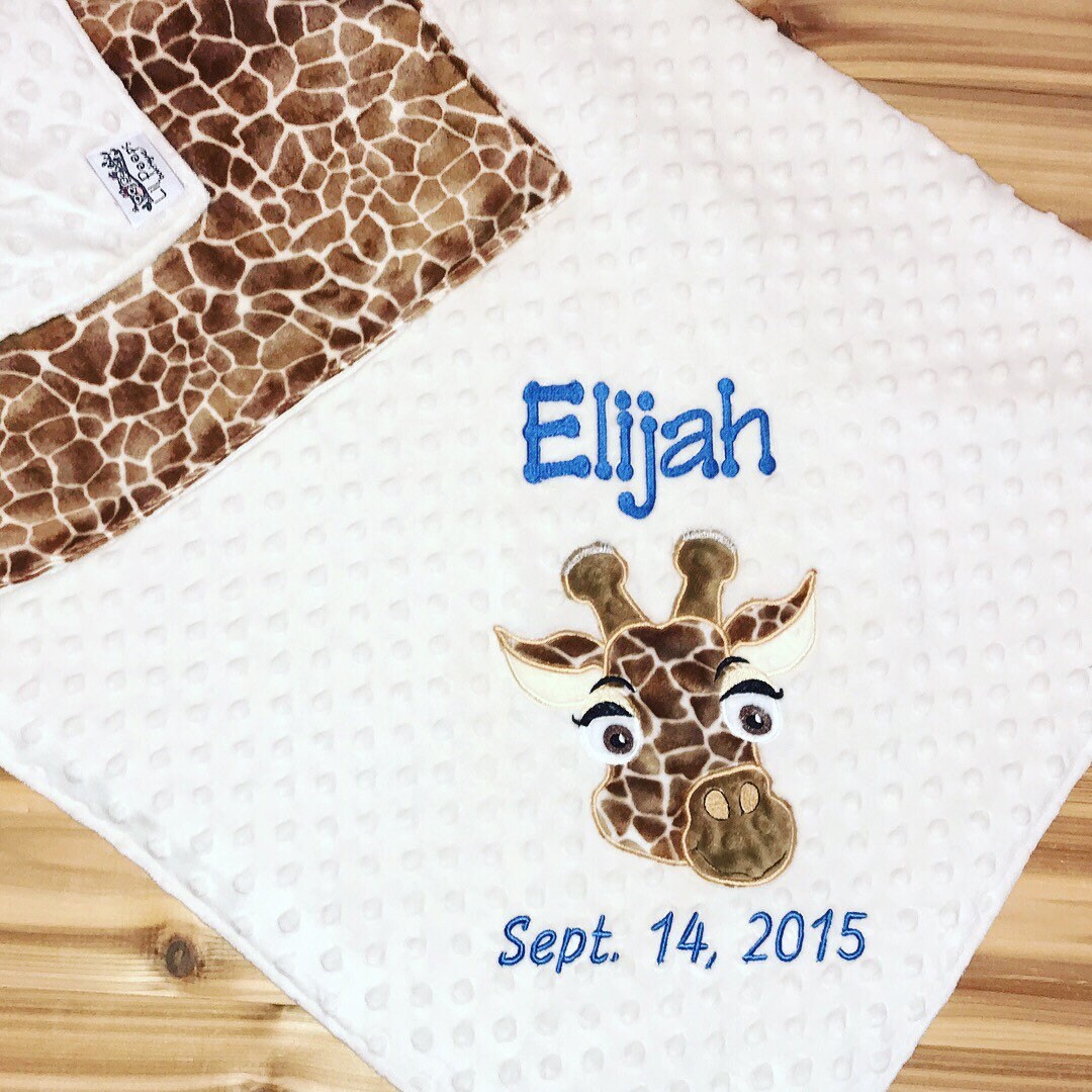 Giraffe- Personalized Minky Baby Blanket - Cream / Giraffe Minky - Embroidered Giraffe