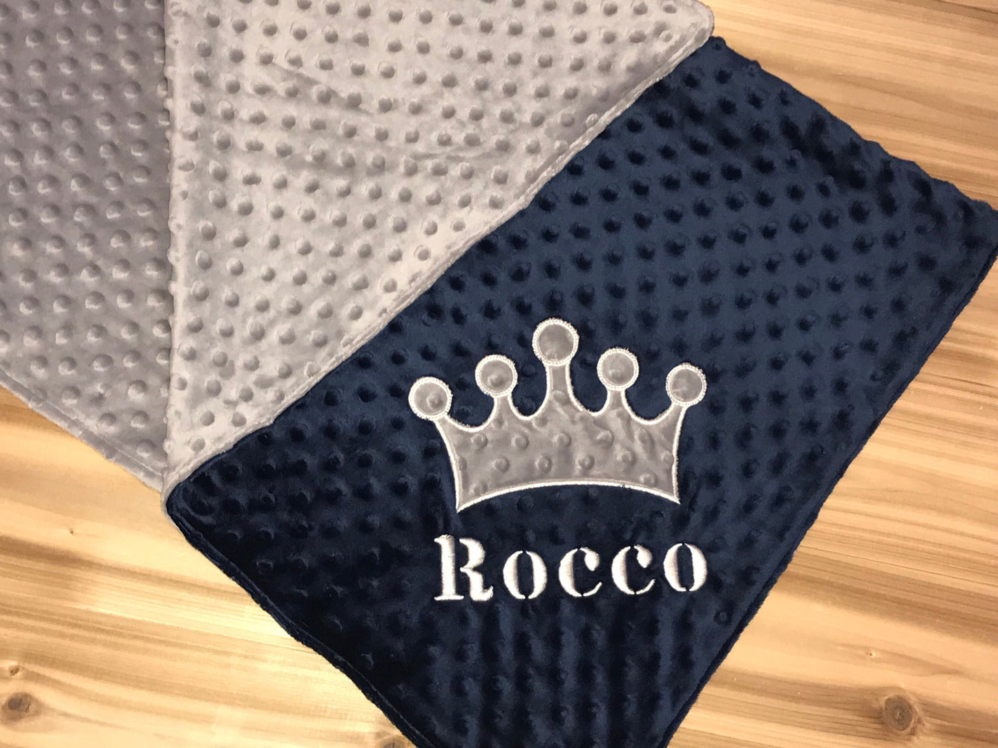 Personalized Crown Minky Baby Blanket - Navy and Gray Minky - Custom Monogram