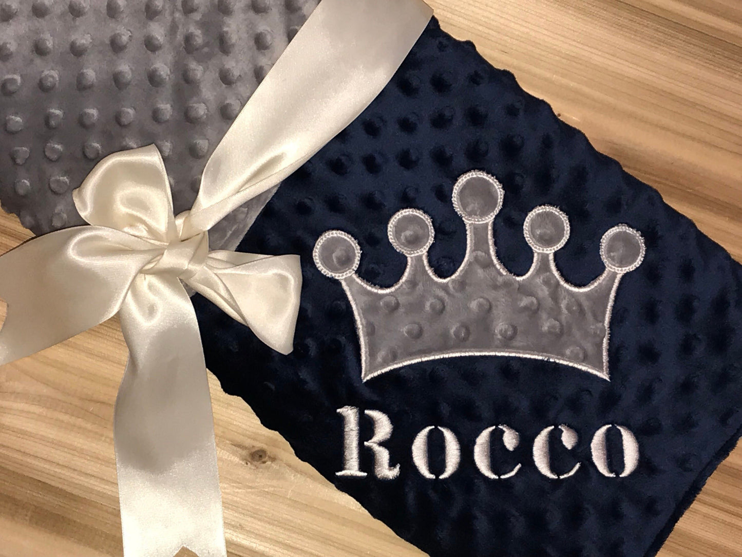 Personalized Crown Minky Baby Blanket - Navy and Gray Minky - Custom Monogram