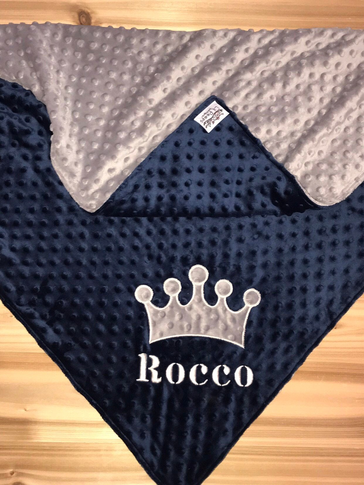 Personalized Crown Minky Baby Blanket - Navy and Gray Minky - Custom Monogram