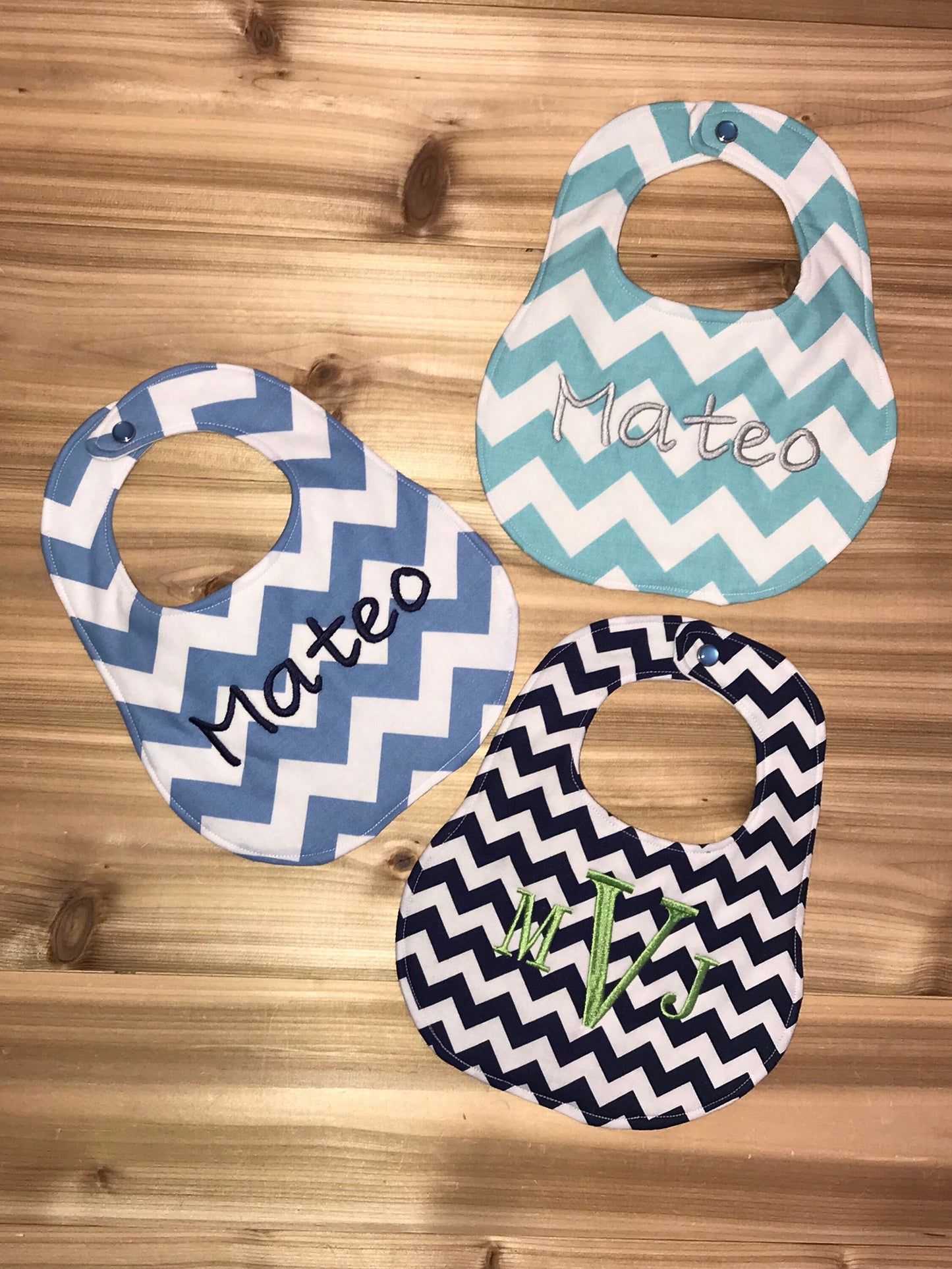 Set of 3 - Personalized Bib Set - Blue Chevron Set