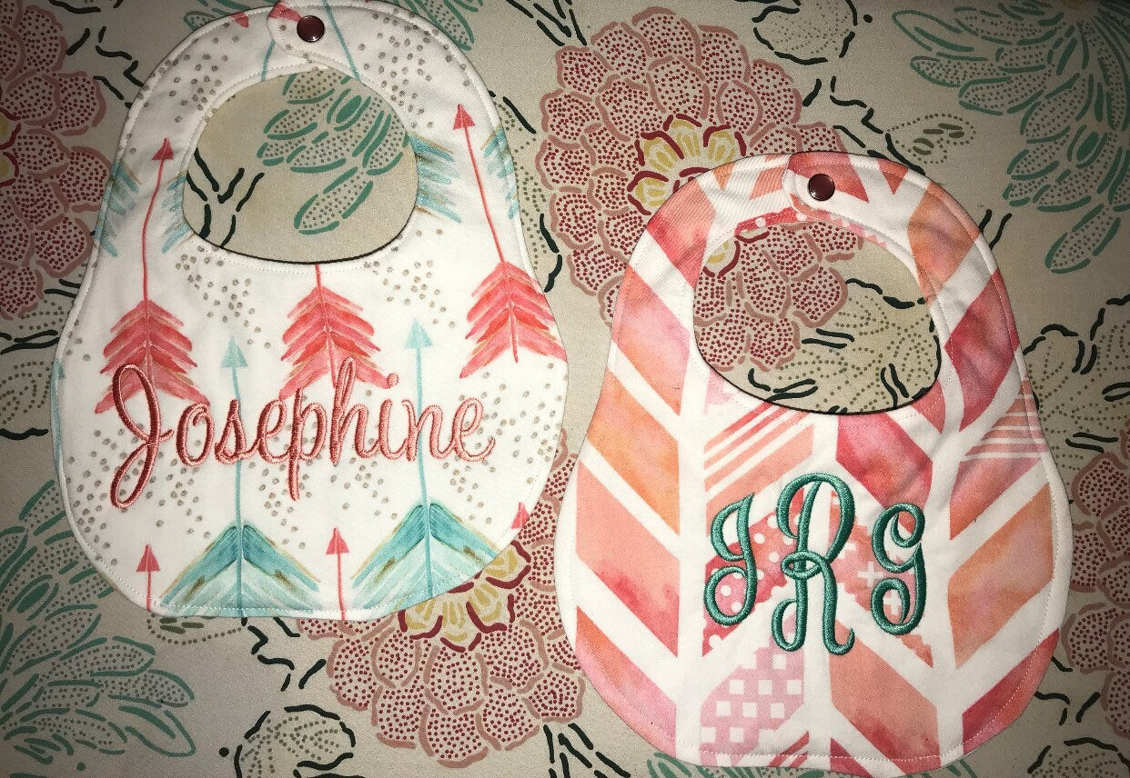 Set of 3 bibs -Coral Set - Coral Herringbone, Mermaids, Arrows