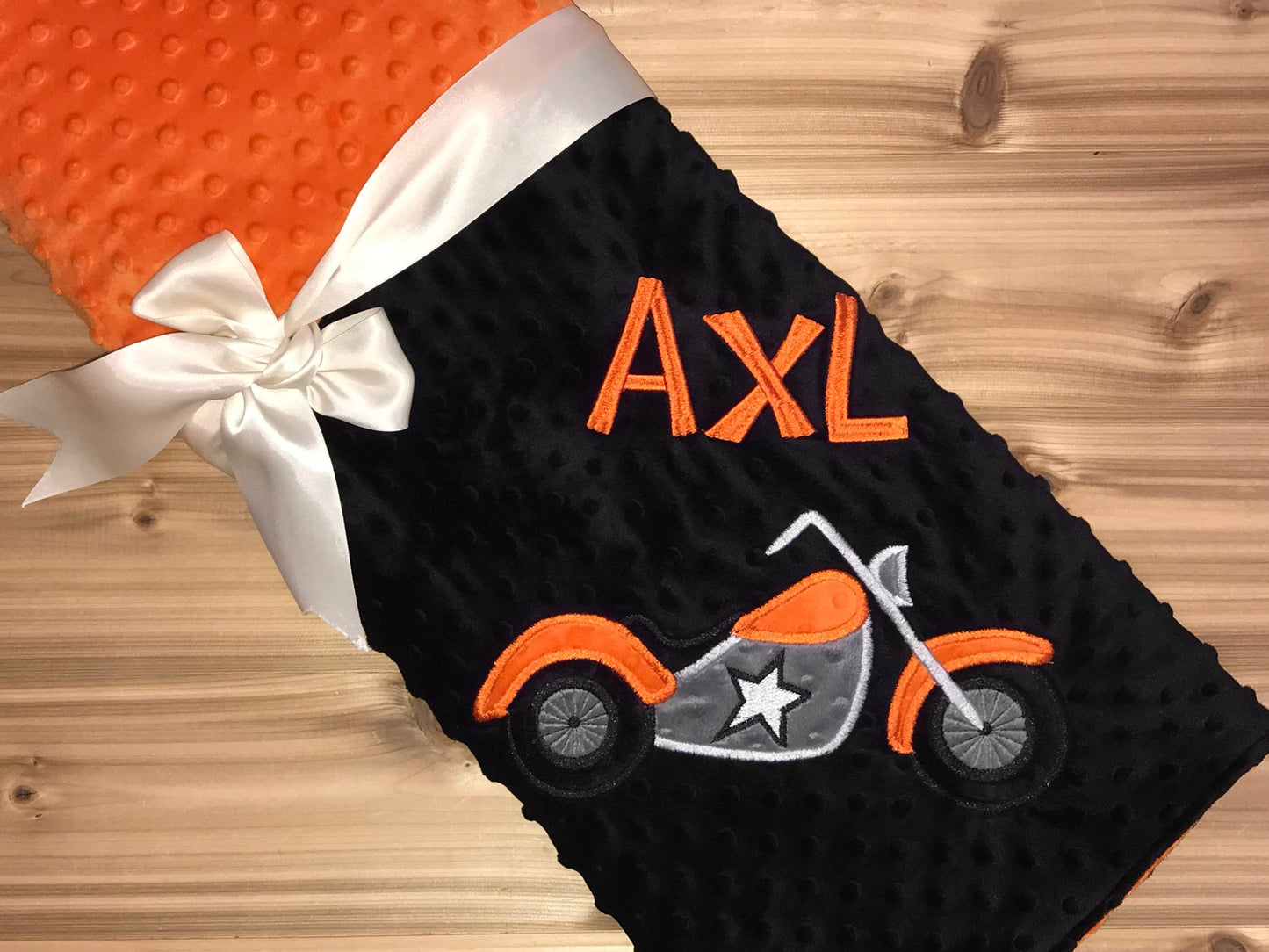 Motorcycle- Personalized Minky Baby Blanket - Black / Orange Minky - Embroidered Motorcycle