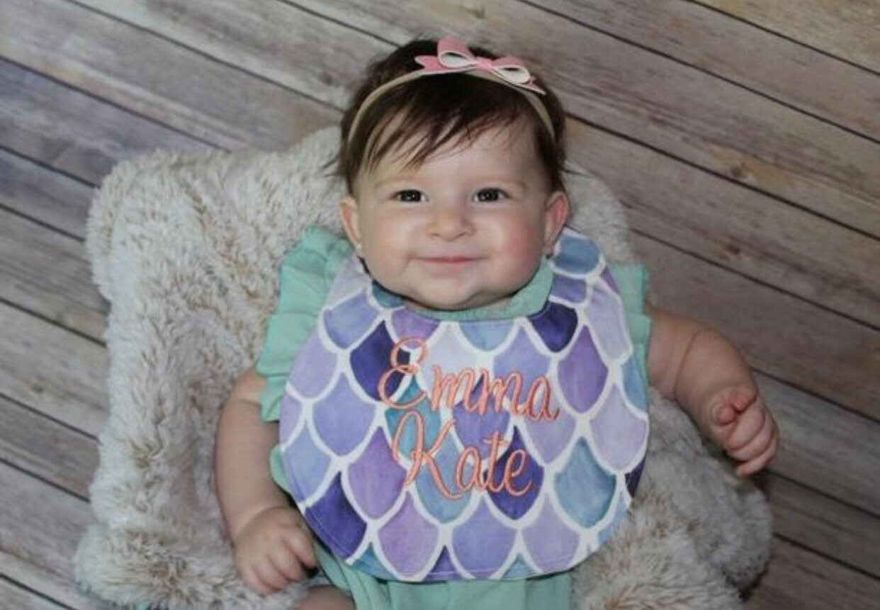 Mermaid Scales in Purple Boutique Bib and Burp Cloth set - Personalized Bib & Burp