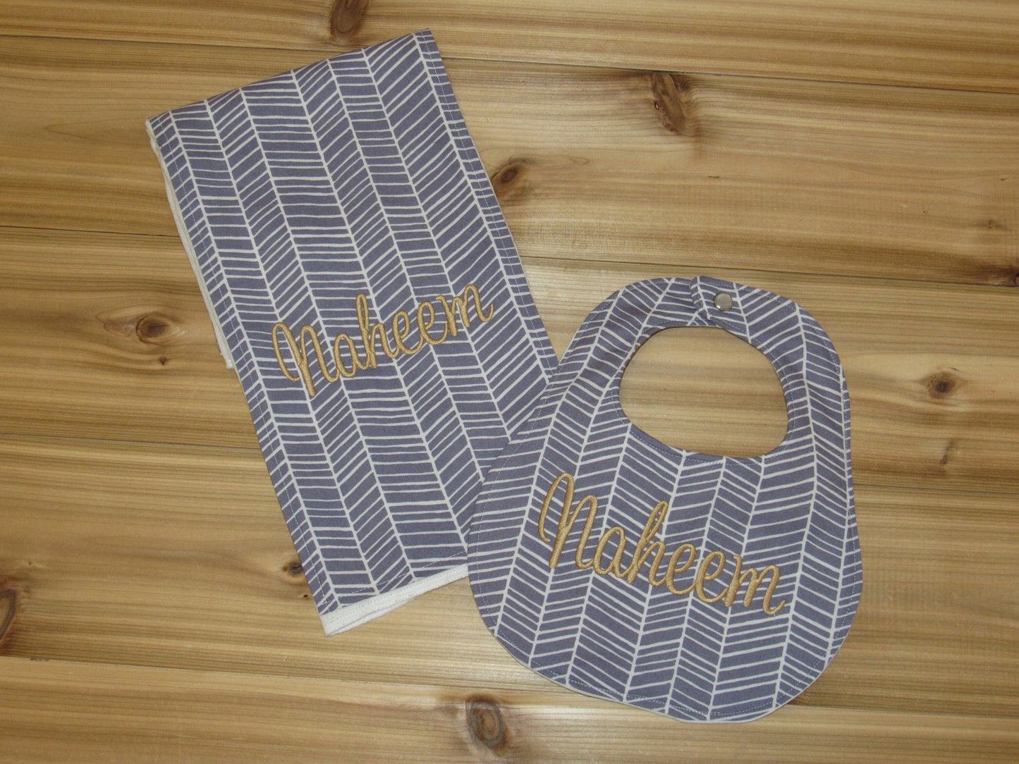 Personalized Boutique Bib and Burp Cloth - Gray Herringbone