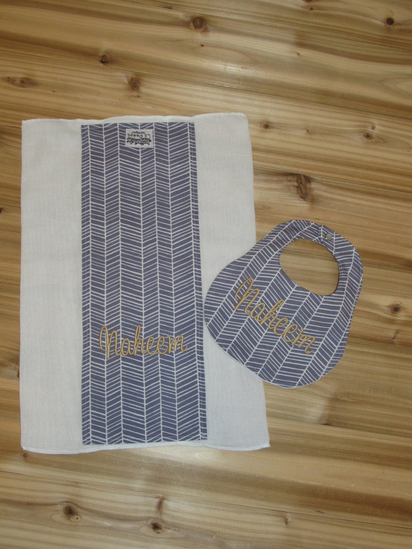 Personalized Boutique Bib and Burp Cloth - Gray Herringbone