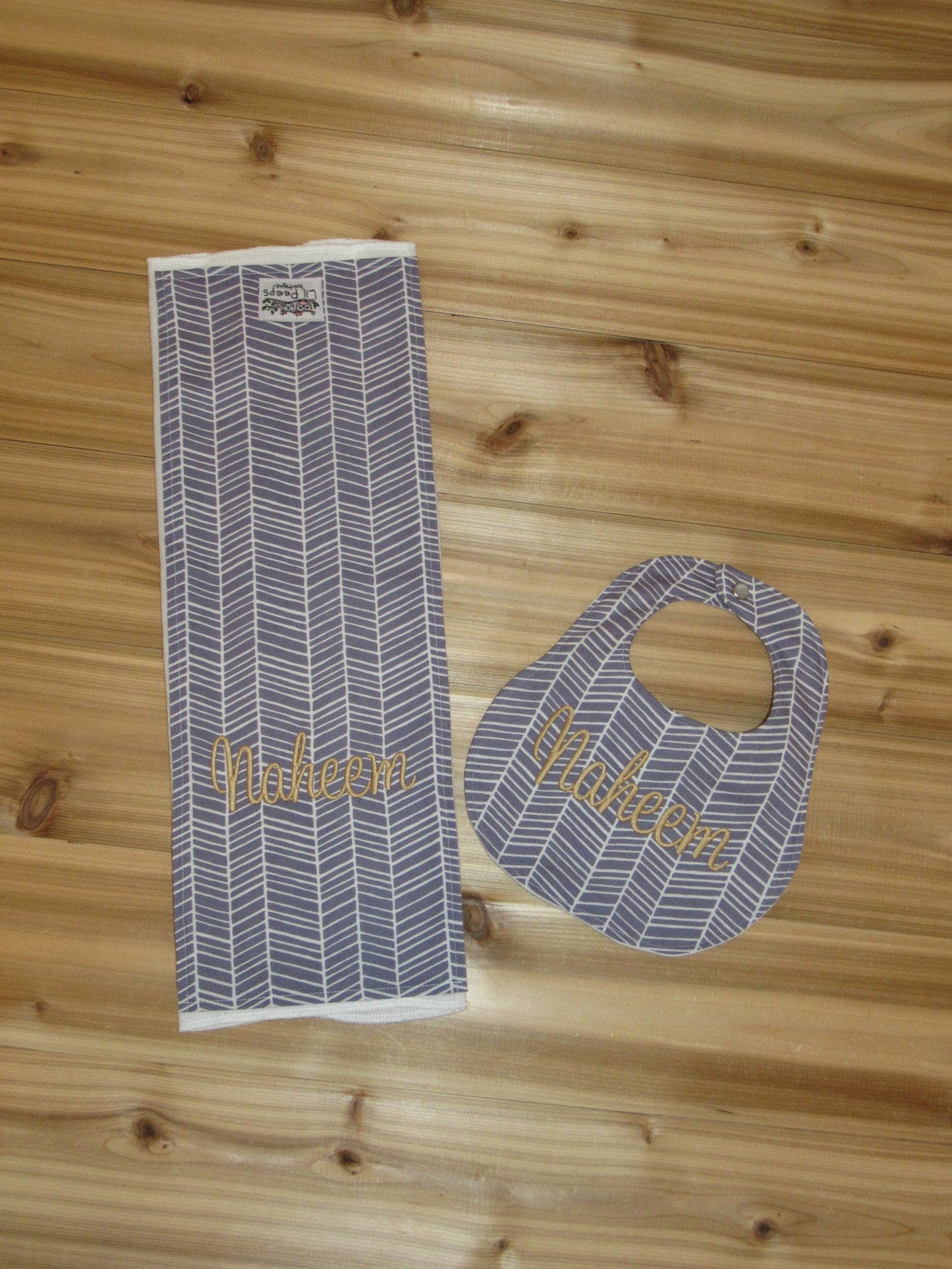 Personalized Boutique Bib and Burp Cloth - Gray Herringbone